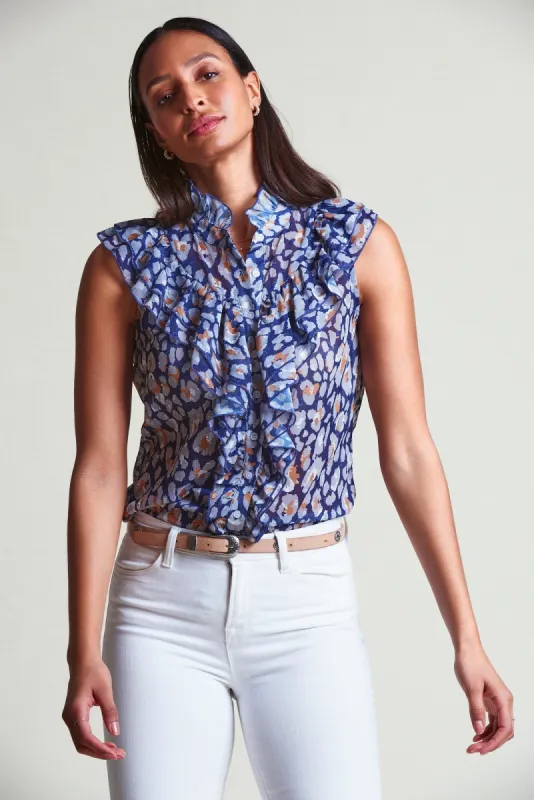 The Sleeveless Jill Ruffle Shirt sold by The Shirt by Rochelle Behrens