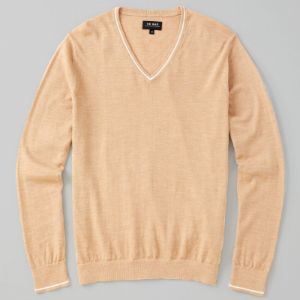 Perfect Tipped Merino Wool V-Neck Camel Sweater sold by The Tie Bar