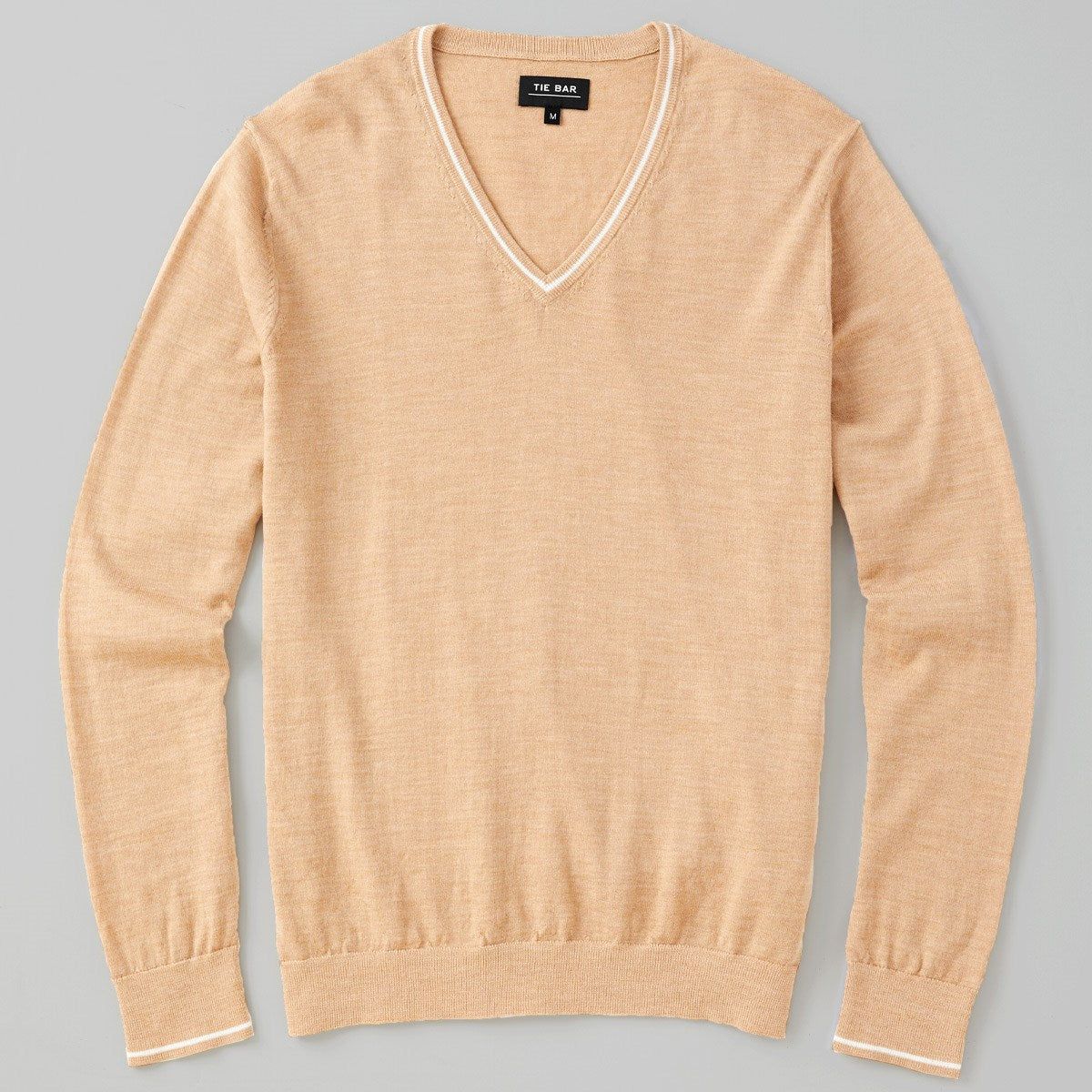 Perfect Tipped Merino Wool V-Neck Camel Sweater sold by The Tie Bar