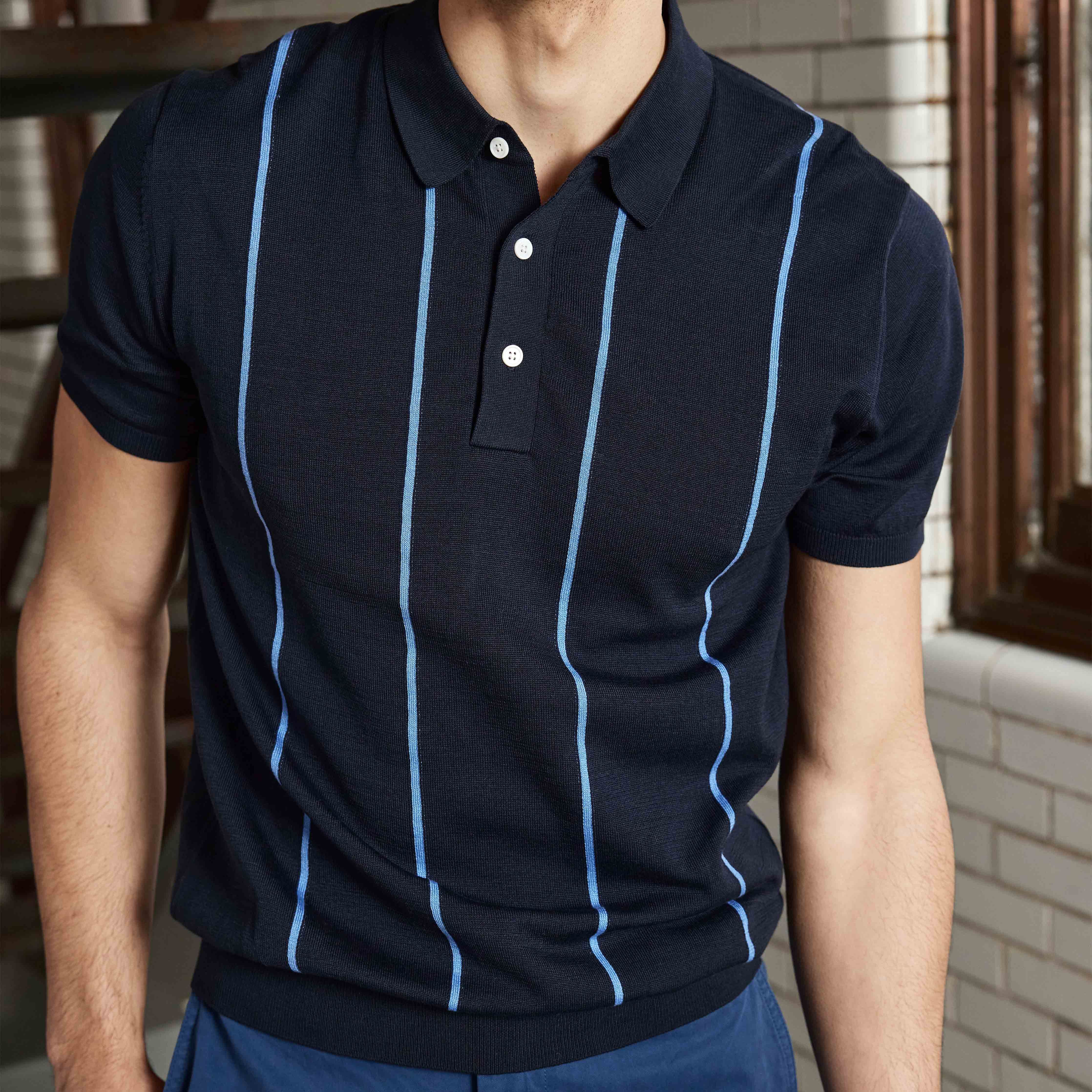 Thin Vertical Stripe Navy Polo sold by The Tie Bar product image thumbnail 4