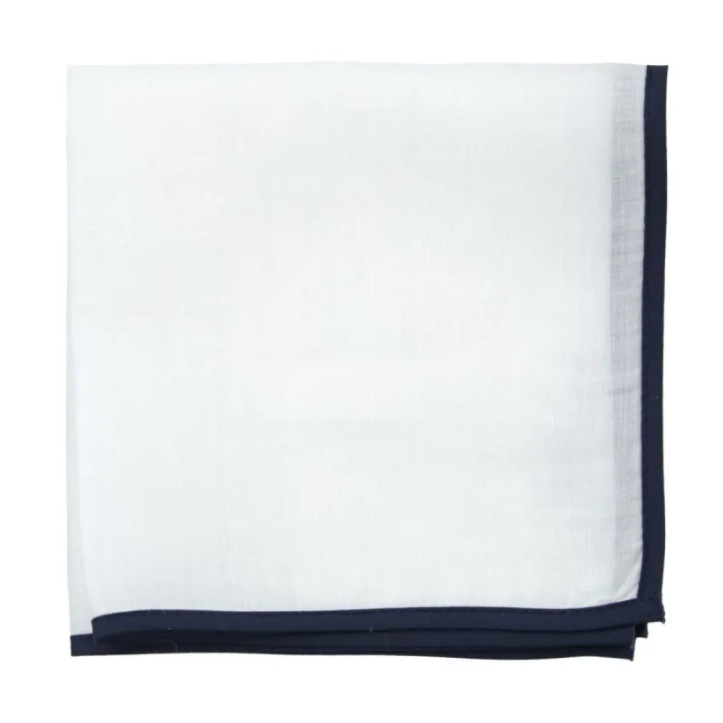 White Linen With Border Navy Pocket Square sold by The Tie Bar