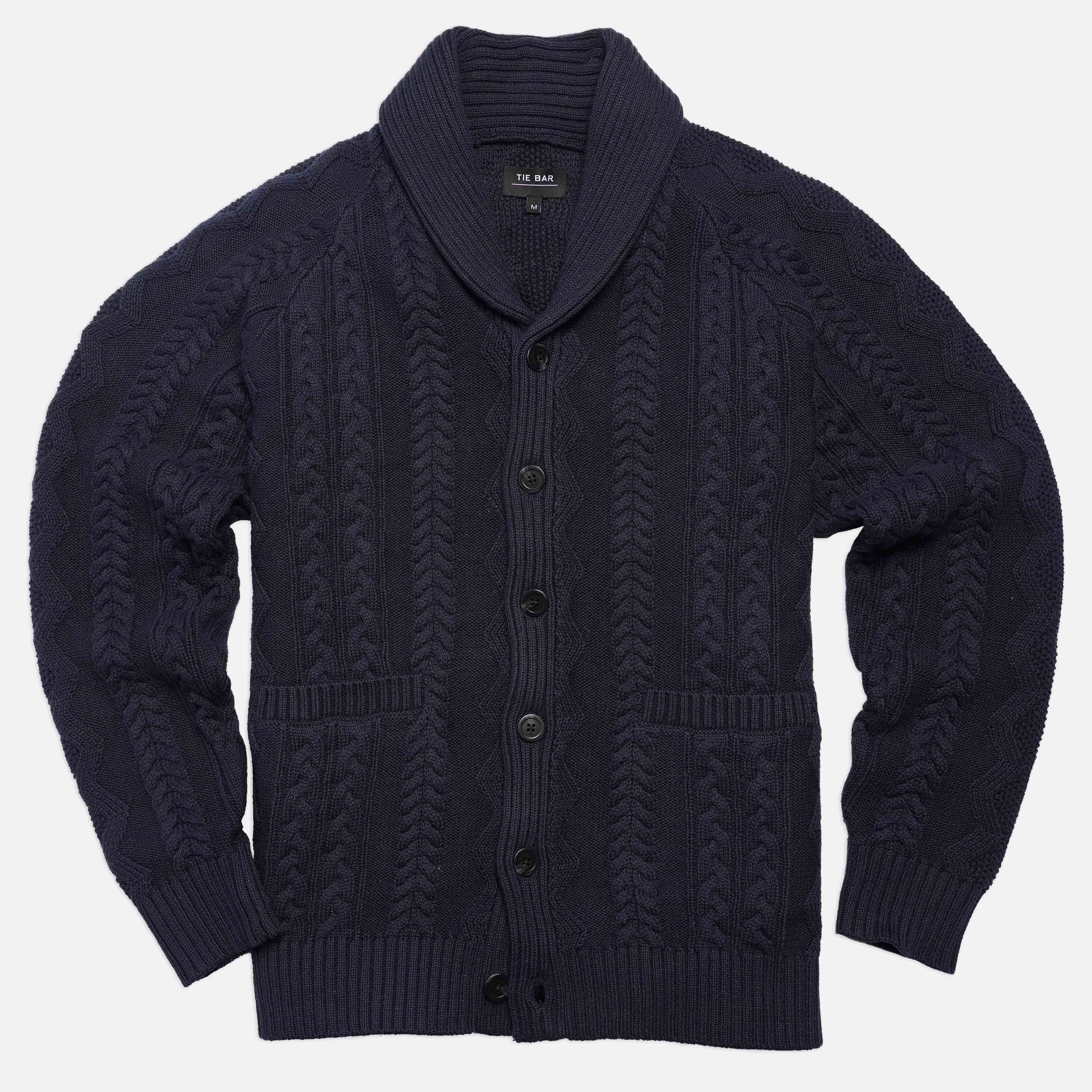 Cable Shawl Cardigan Navy Sweater sold by The Tie Bar