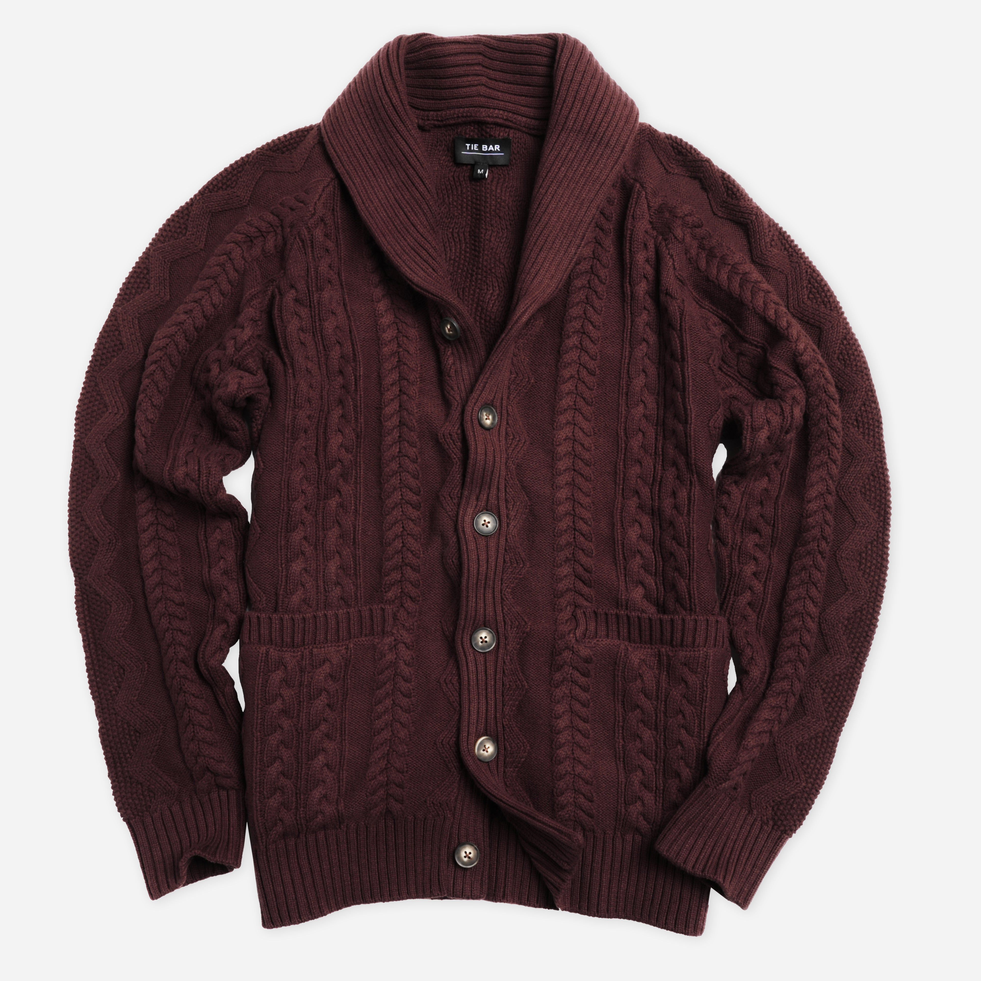 Cable Shawl Cardigan Burgundy Sweater sold by The Tie Bar