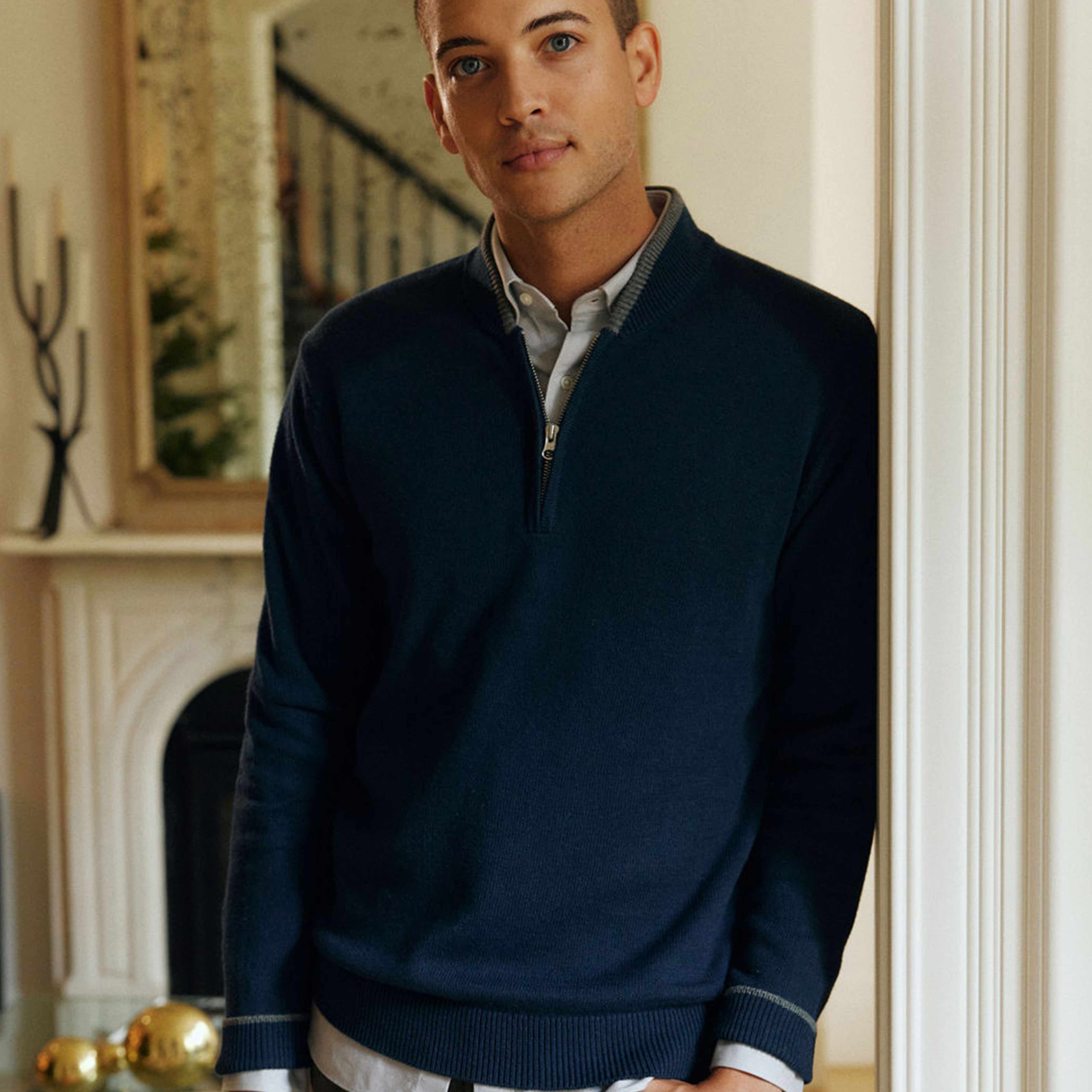 Tipped 1/4 Zip Navy Cashmere Sweater sold by The Tie Bar product image thumbnail 4
