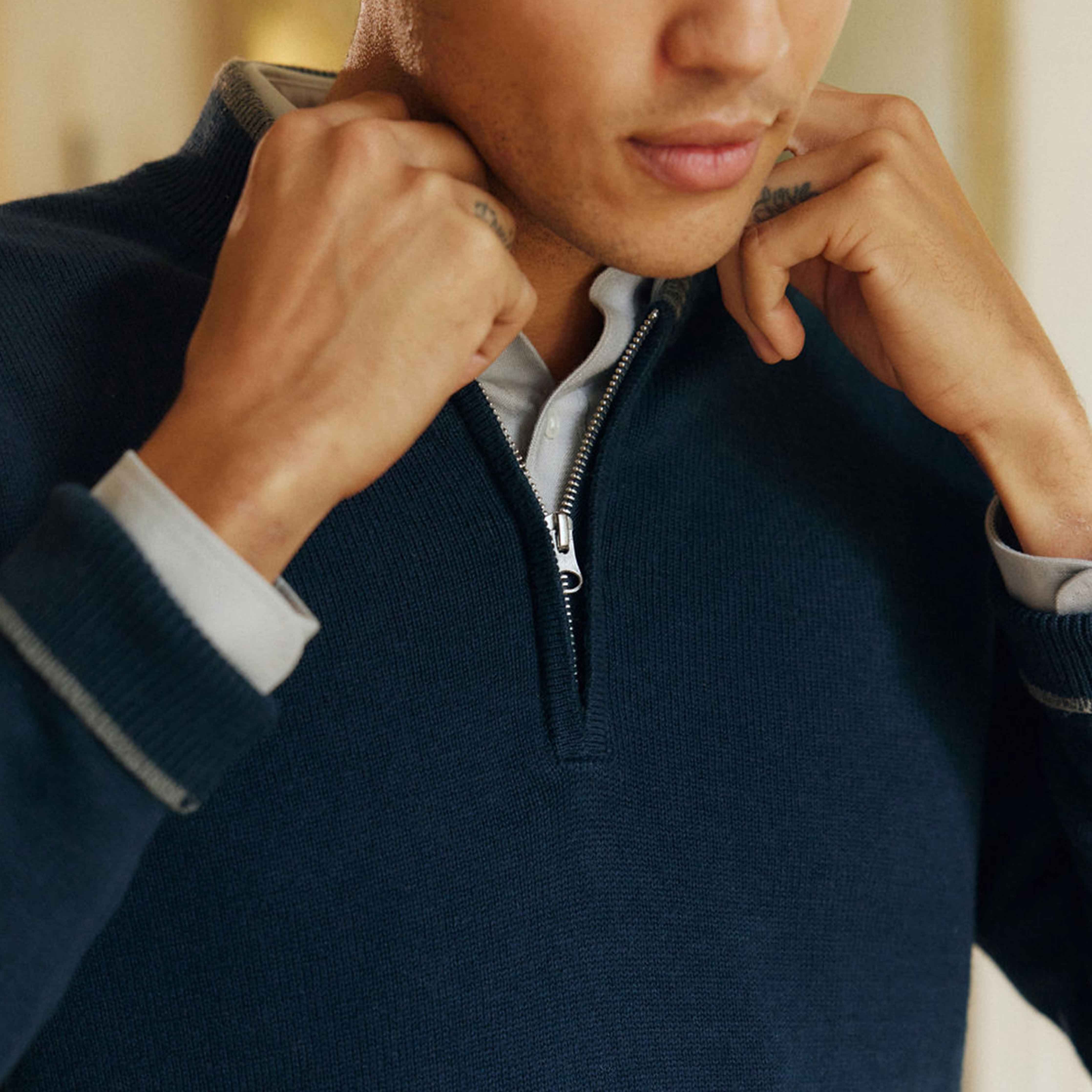 Tipped 1/4 Zip Navy Cashmere Sweater sold by The Tie Bar product image thumbnail 5