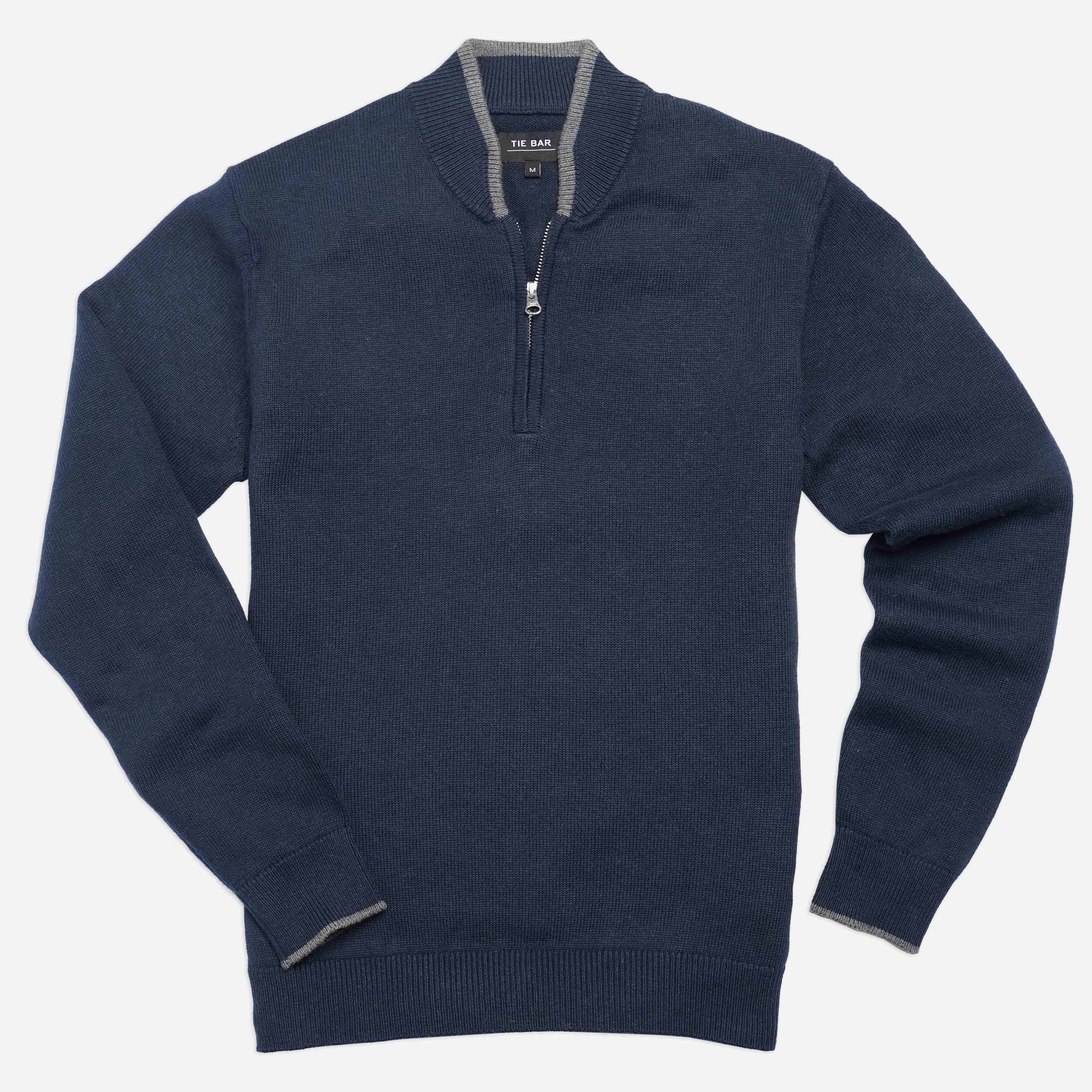 Tipped 1/4 Zip Navy Cashmere Sweater sold by The Tie Bar
