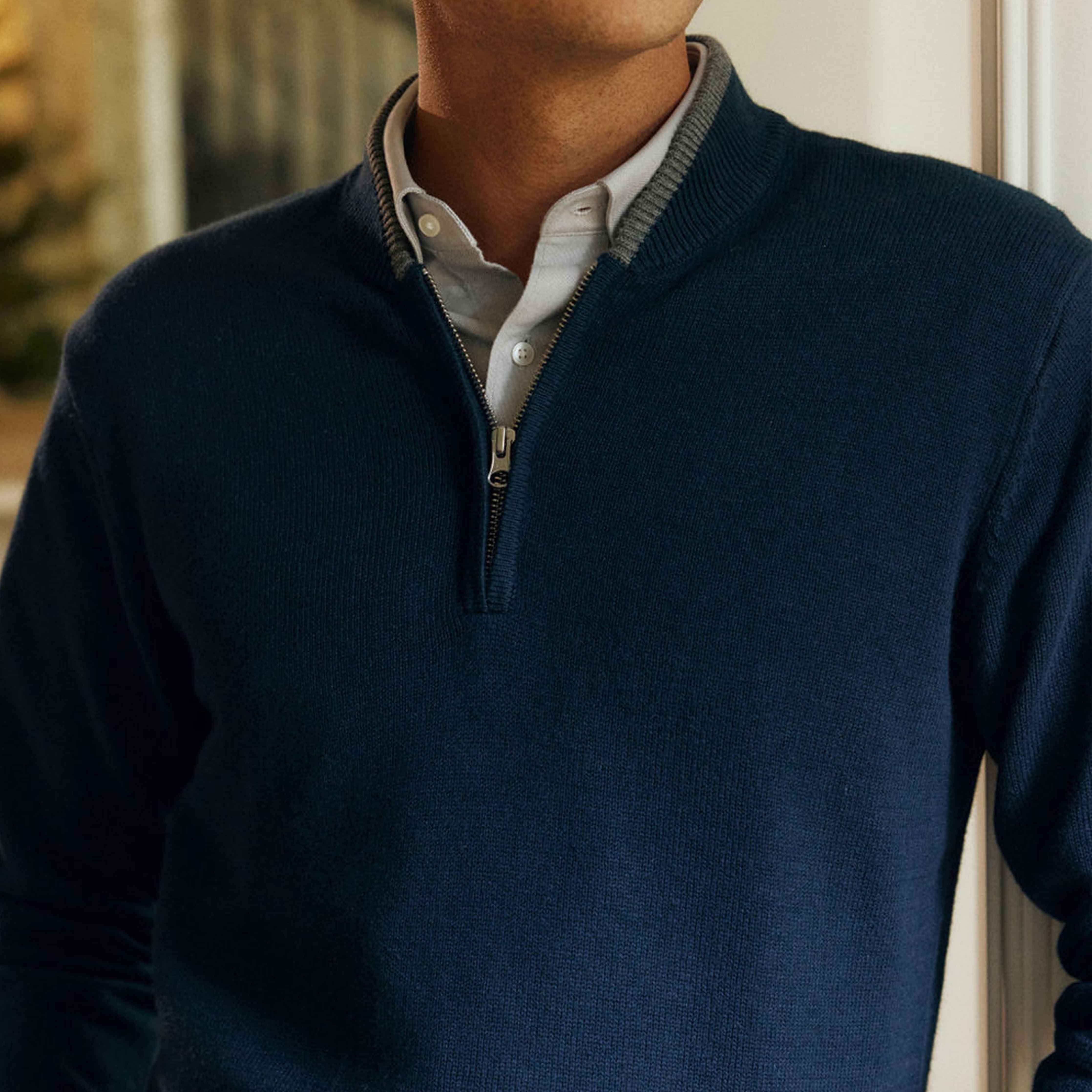 Tipped 1/4 Zip Navy Cashmere Sweater sold by The Tie Bar product image thumbnail 6