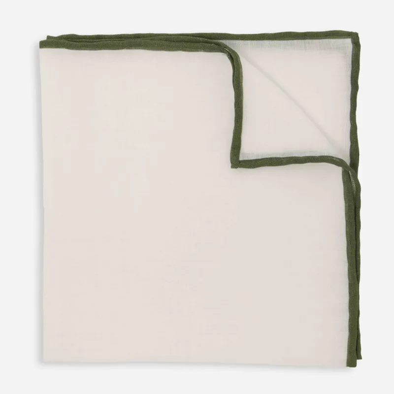 White Linen With Rolled Border Olive Pocket Square sold by The Tie Bar