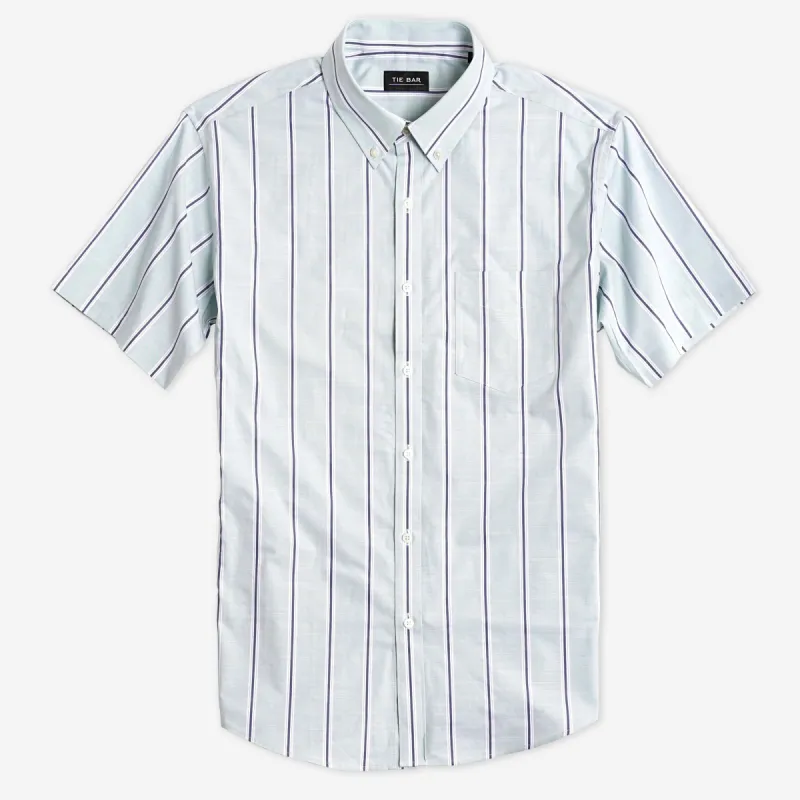 Soft Stretch Vertical Stripe Mint Short Sleeve Shirt sold by The Tie Bar