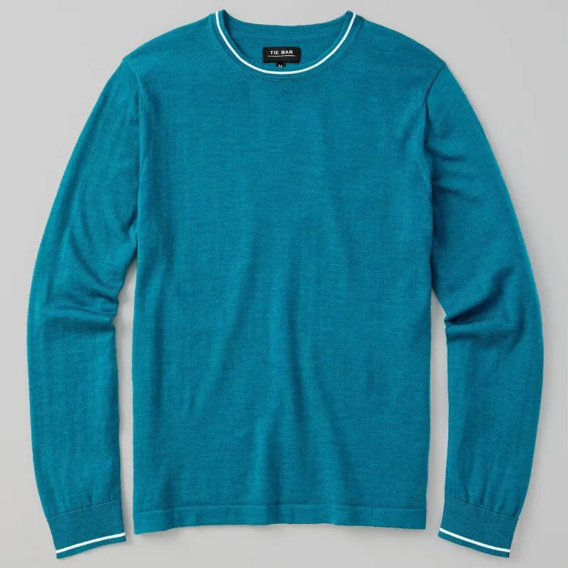 Perfect Tipped Merino Wool Crewneck Teal Sweater sold by The Tie Bar