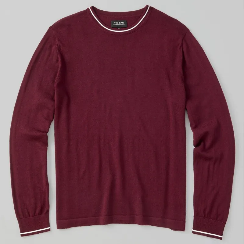 Perfect Tipped Merino Wool Crewneck Burgundy Sweater sold by The Tie Bar