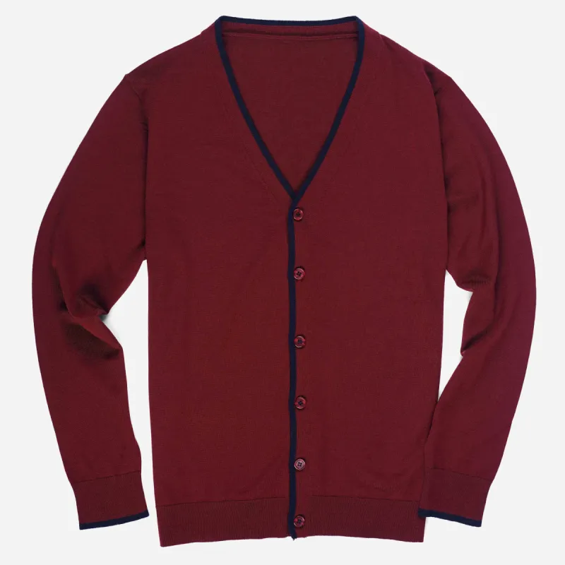 Perfect Tipped Merino Wool Cardigan Burgundy Sweater sold by The Tie Bar