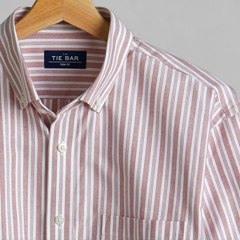 Oxford Vertical Stripe Washed Burgundy Casual Shirt sold by The Tie Bar