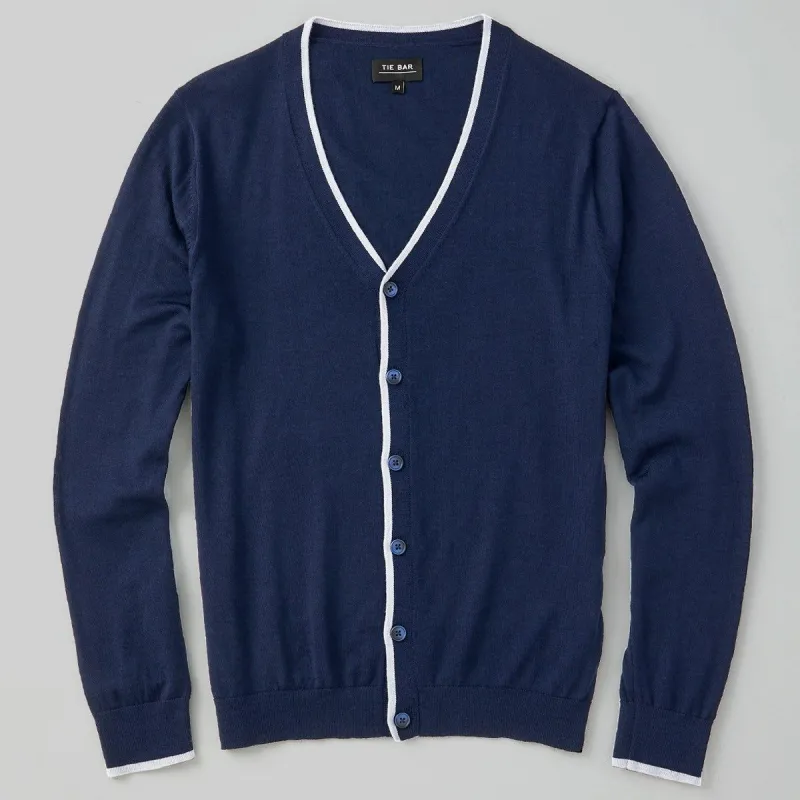Perfect Tipped Merino Wool Cardigan Navy Sweater sold by The Tie Bar