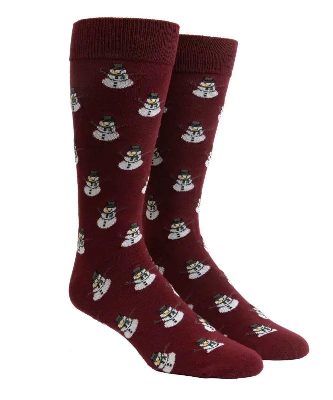 Snowman Burgundy Dress Socks sold by The Tie Bar