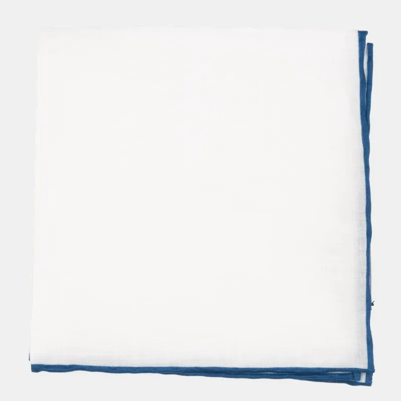 White Linen With Rolled Border Slate Blue Pocket Square sold by The Tie Bar