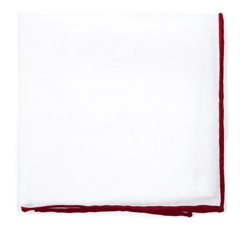 White Linen With Rolled Border Burgundy Pocket Square sold by The Tie Bar