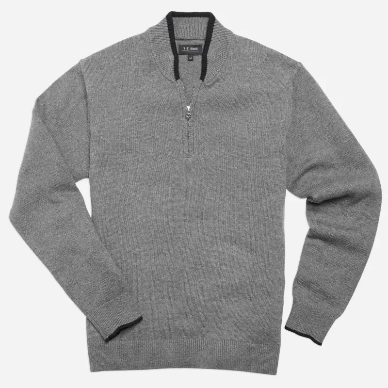 Tipped 1/4 Zip Grey Cashmere Sweater sold by The Tie Bar