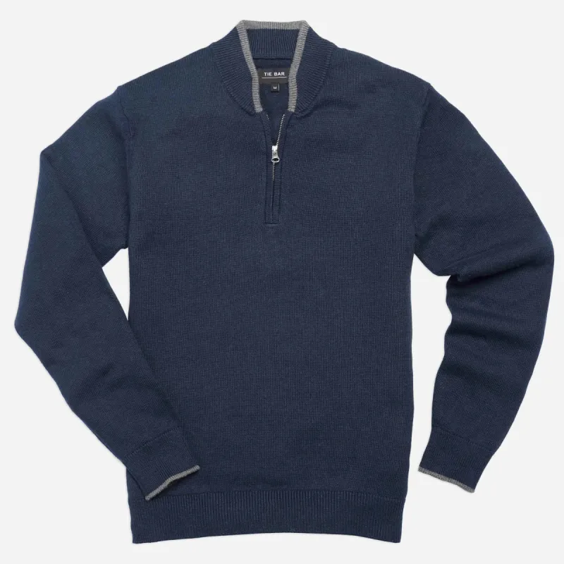 Tipped 1/4 Zip Navy Cashmere Sweater sold by The Tie Bar