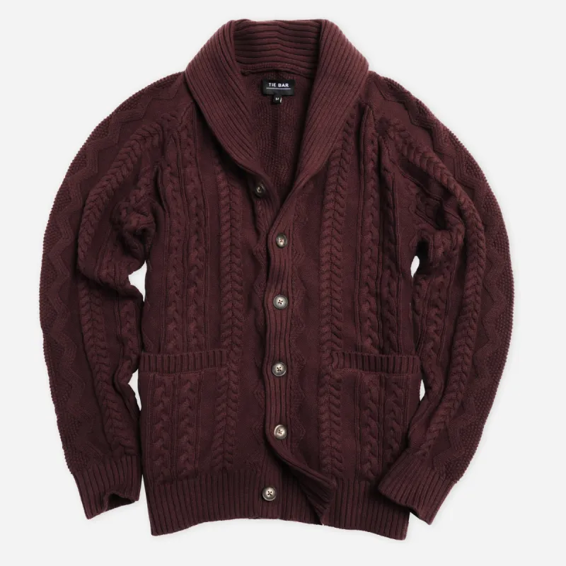 Cable Shawl Cardigan Burgundy Sweater sold by The Tie Bar