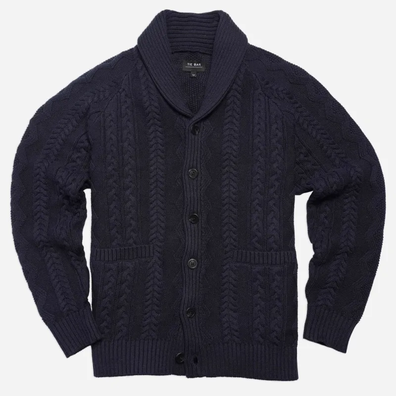 Cable Shawl Cardigan Navy Sweater sold by The Tie Bar