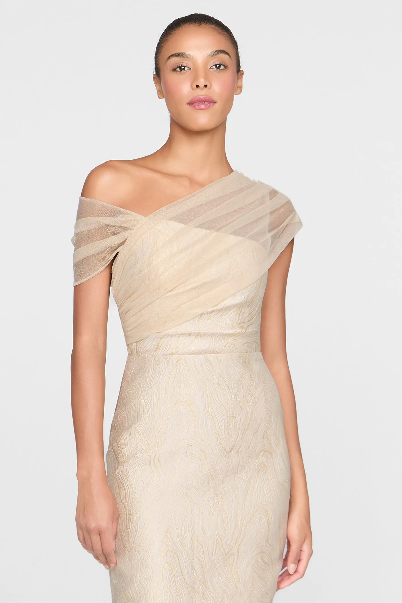 Zara Draped Shawl Column Dress sold by Theia product image thumbnail 4