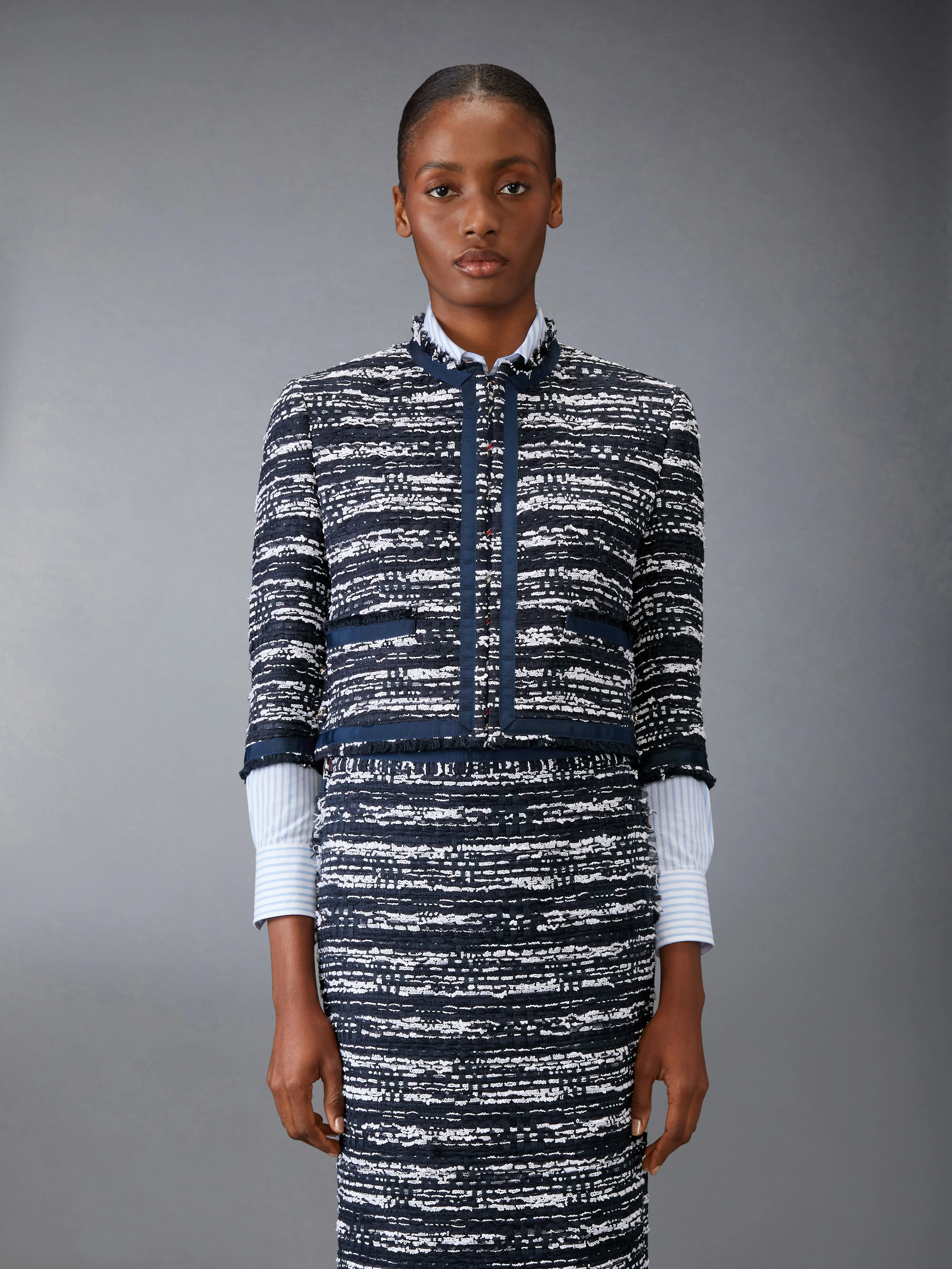 MELANGE TULLE YARN TWEED DROP BACK CARDIGAN JACKET sold by Thom Browne