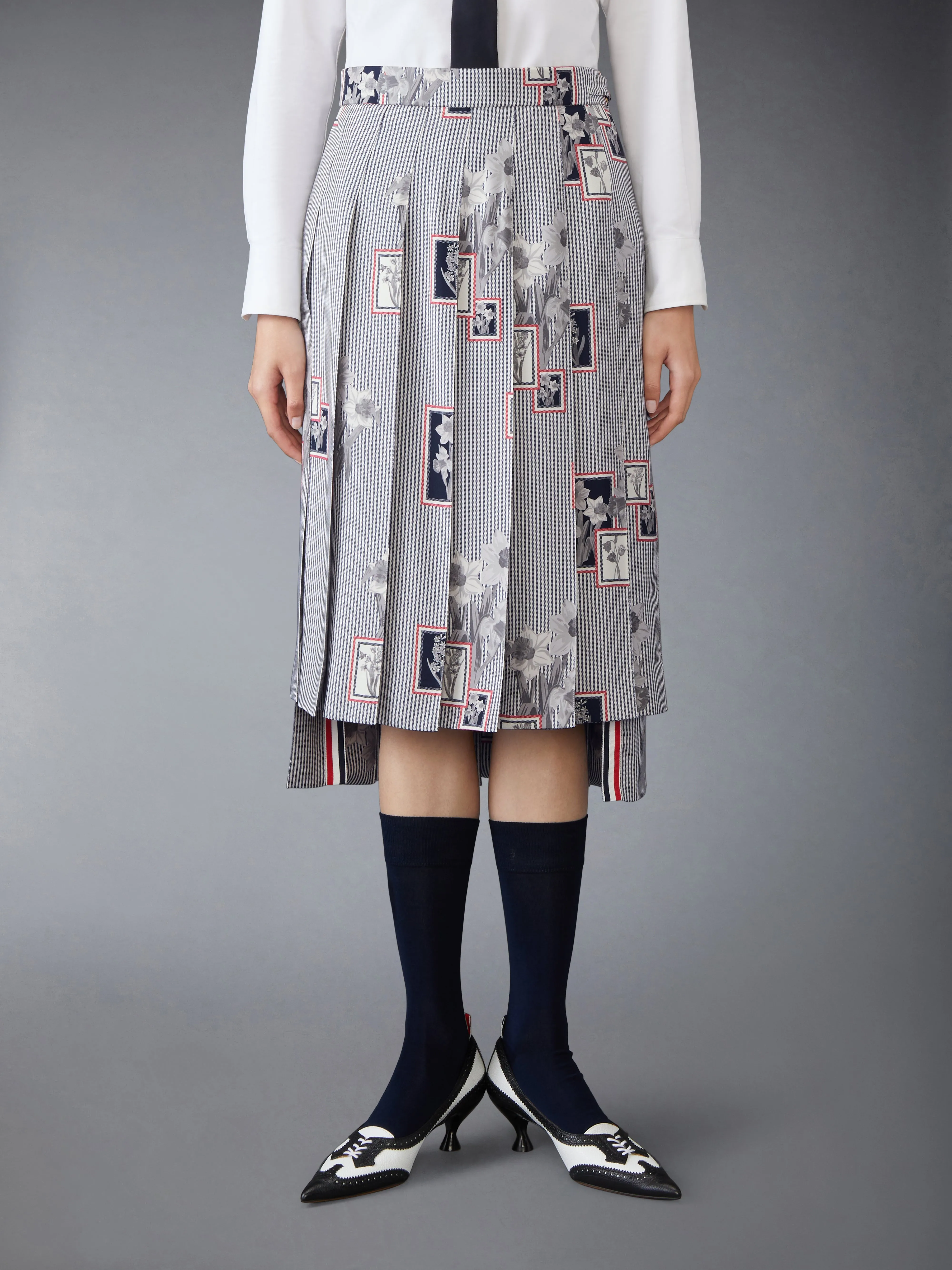 CLASSIC SILK TWILL FRAMED FLORAL PLEATED SKIRT sold by Thom Browne