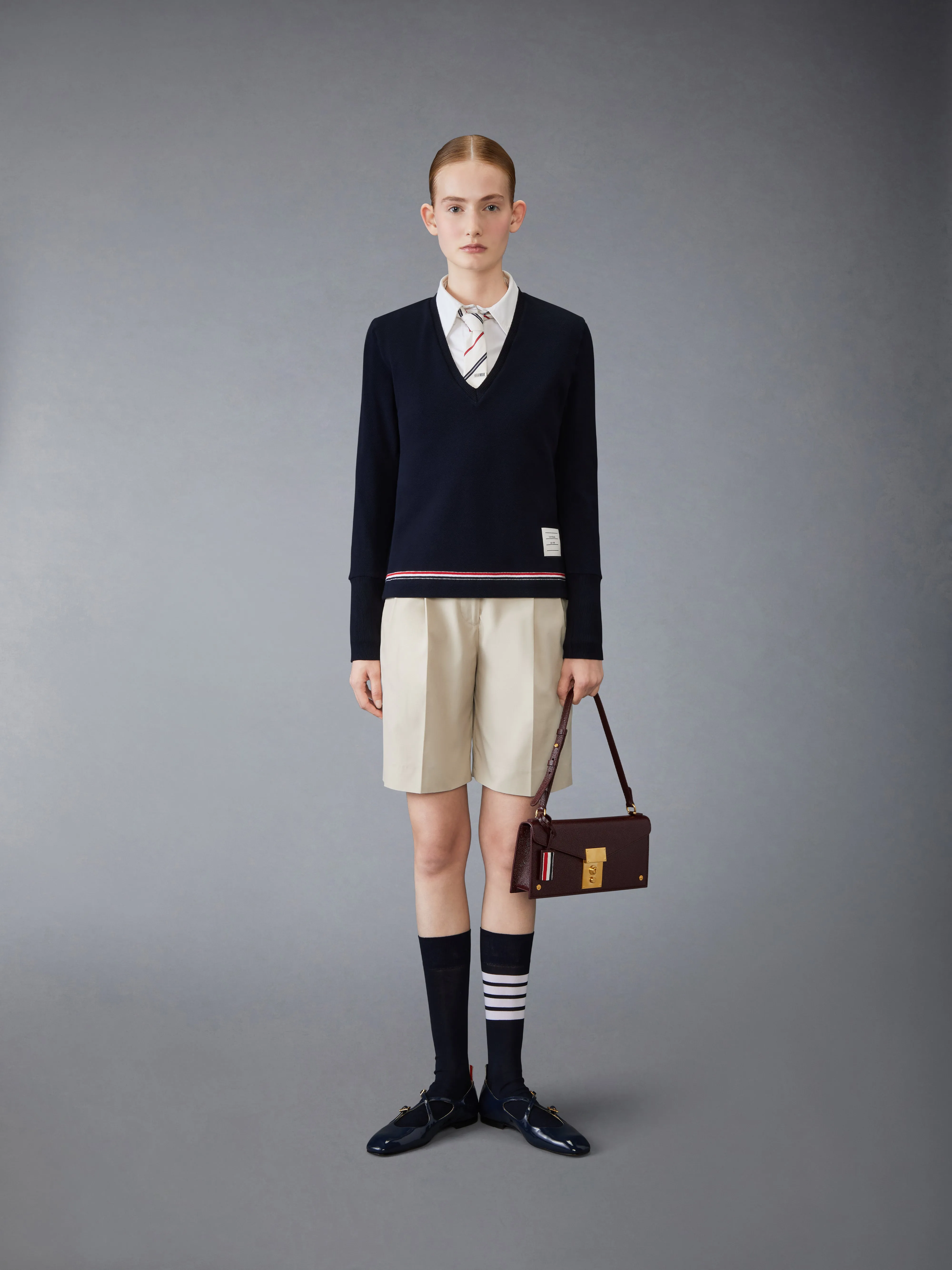 COTTON PIQUE V NECK LONG SLEEVE sold by Thom Browne product image thumbnail 3