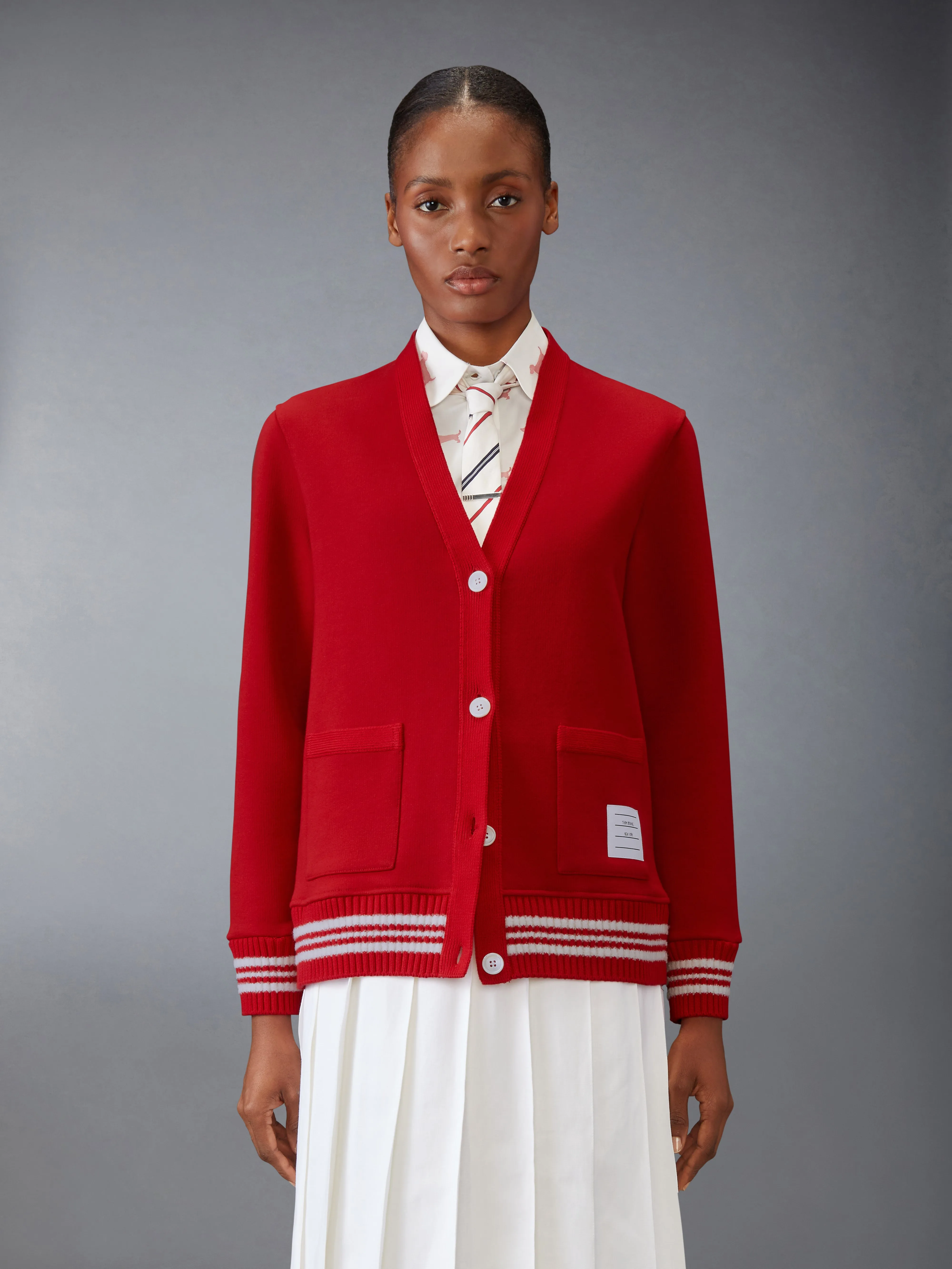 LOOPBACK V NECK CARDIGAN sold by Thom Browne