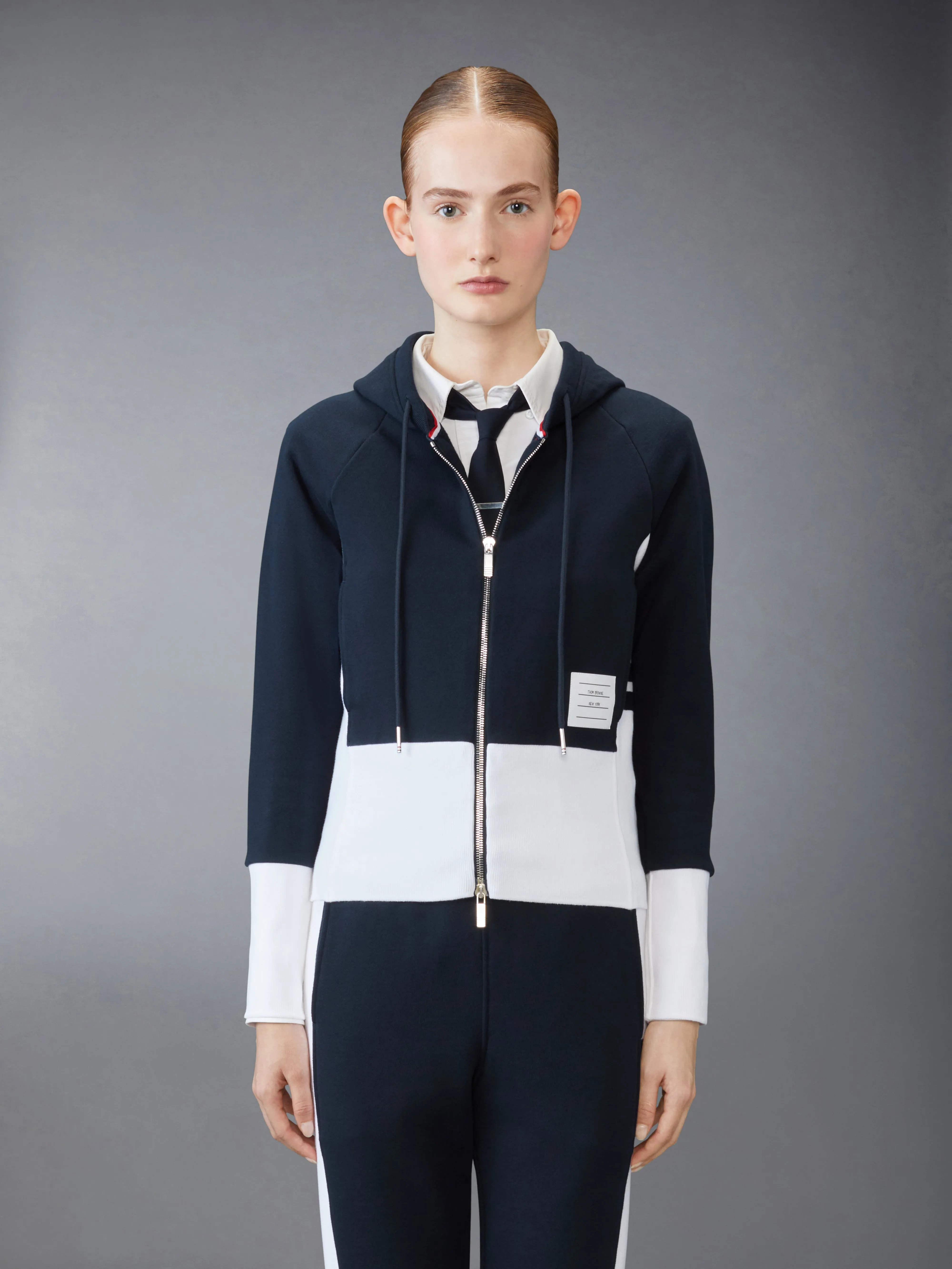 CLASSIC LOOPBACK 4-BAR ZIP UP HOODIE sold by Thom Browne