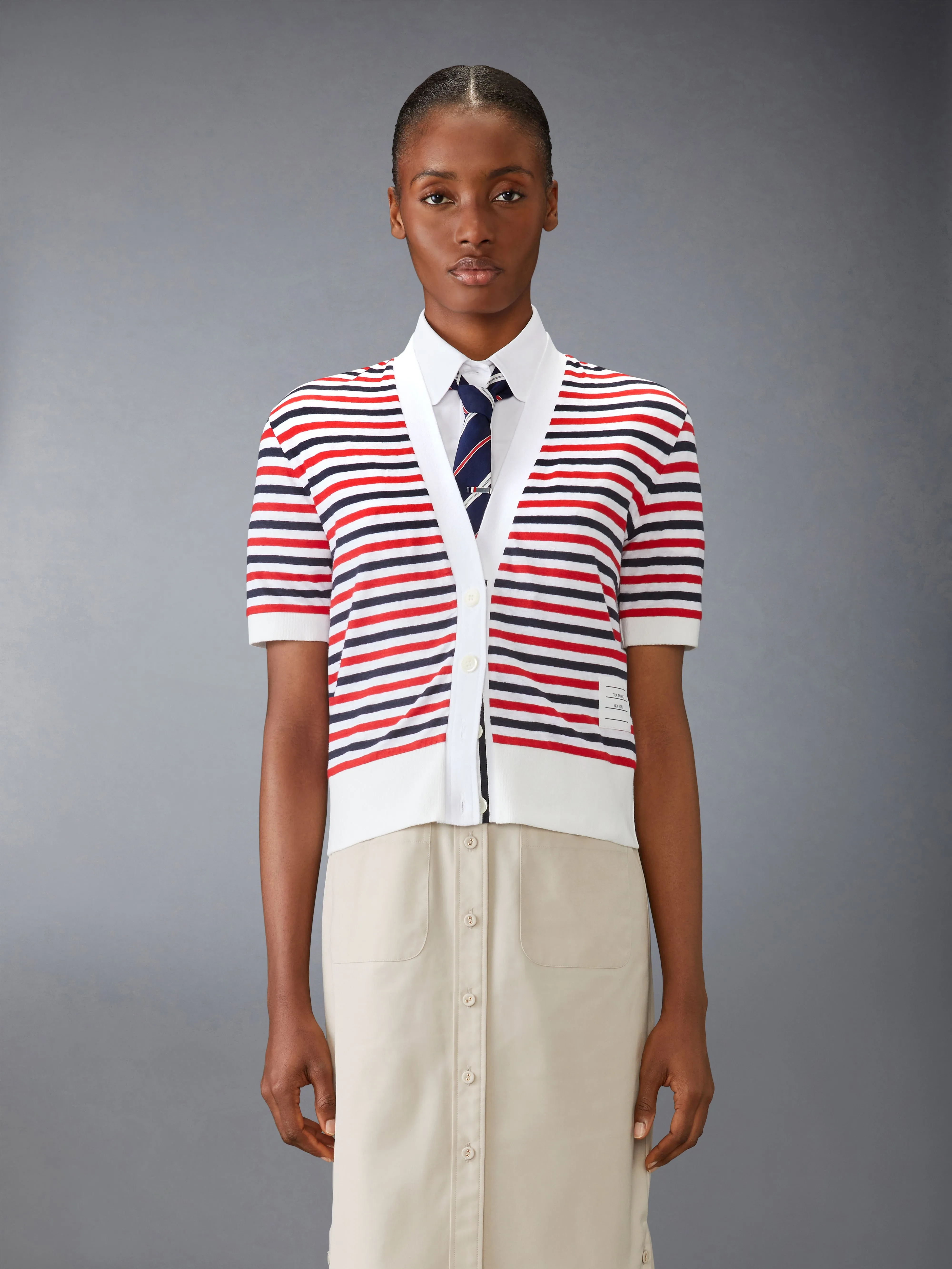 LINEN JERSEY V NECK CARDIGAN sold by Thom Browne