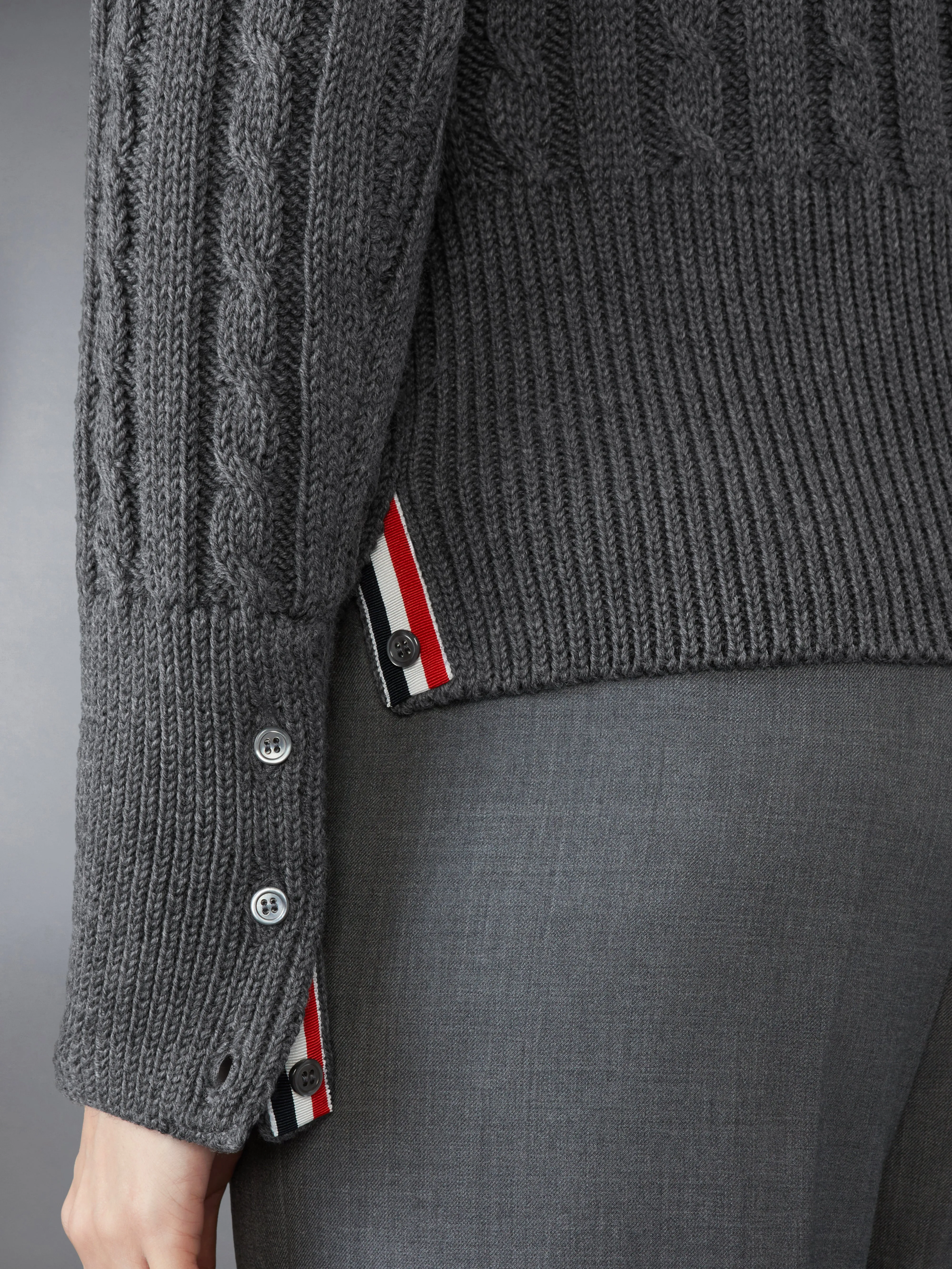 CLASSIC WOOL V NECK CABLE PULLOVER sold by Thom Browne product image thumbnail 4