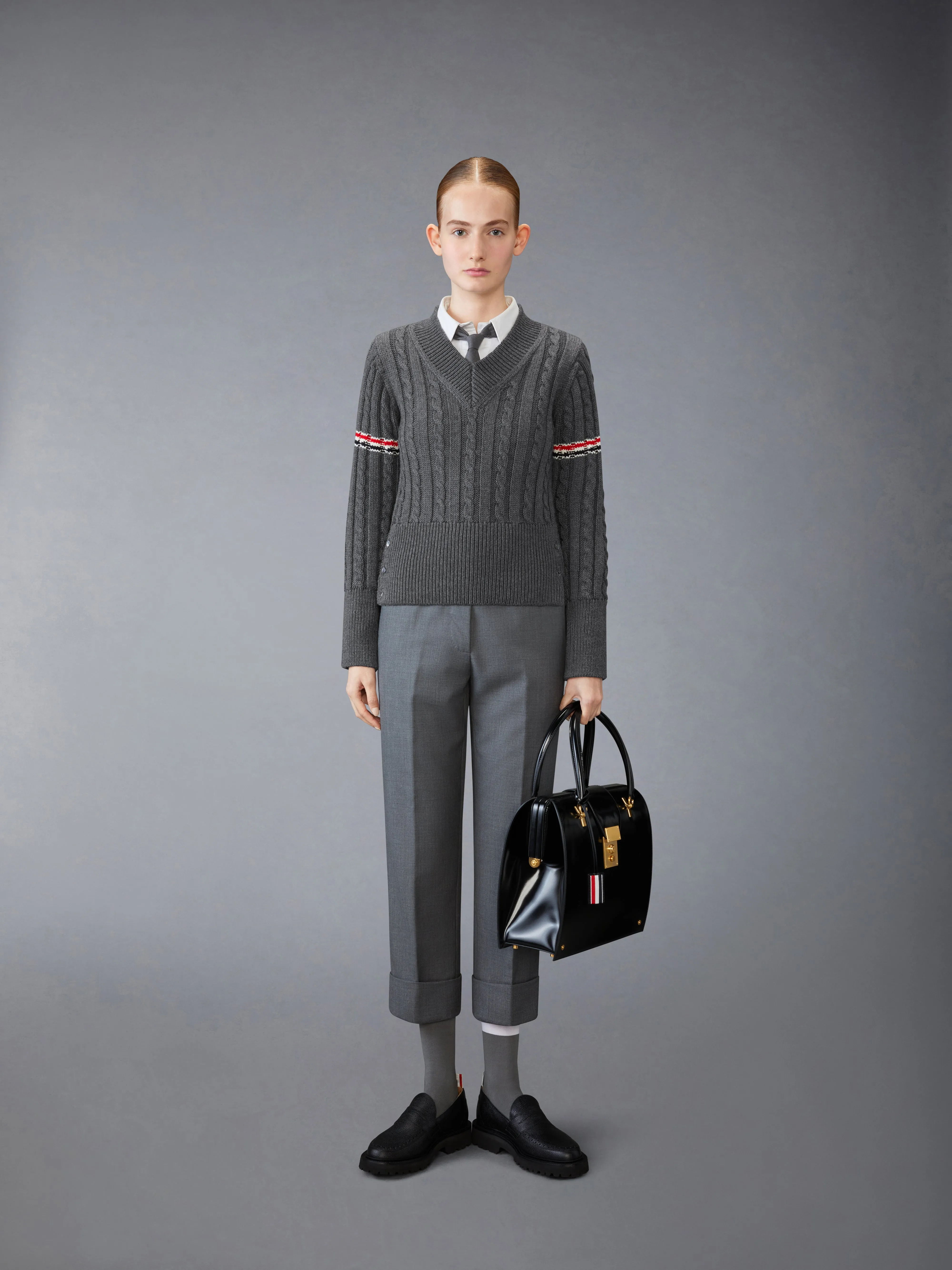CLASSIC WOOL V NECK CABLE PULLOVER sold by Thom Browne product image thumbnail 3