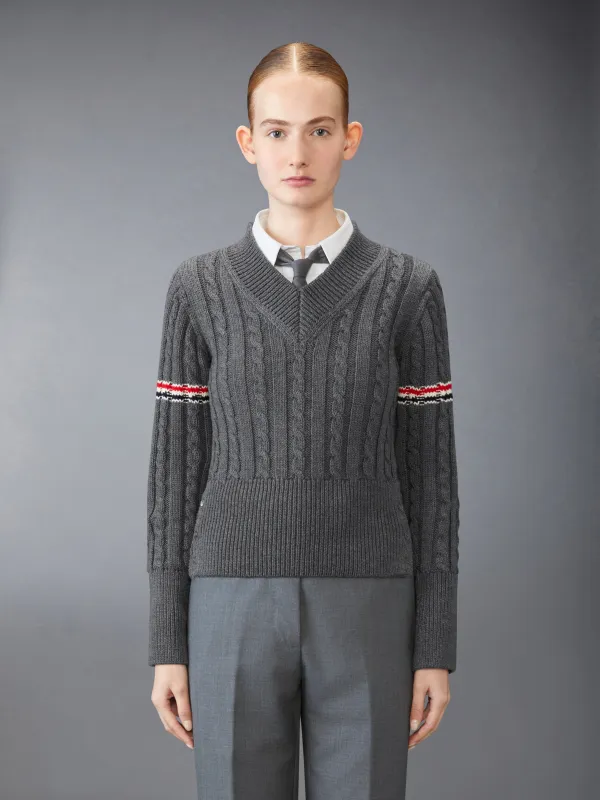 CLASSIC WOOL V NECK CABLE PULLOVER made by Thom Browne
