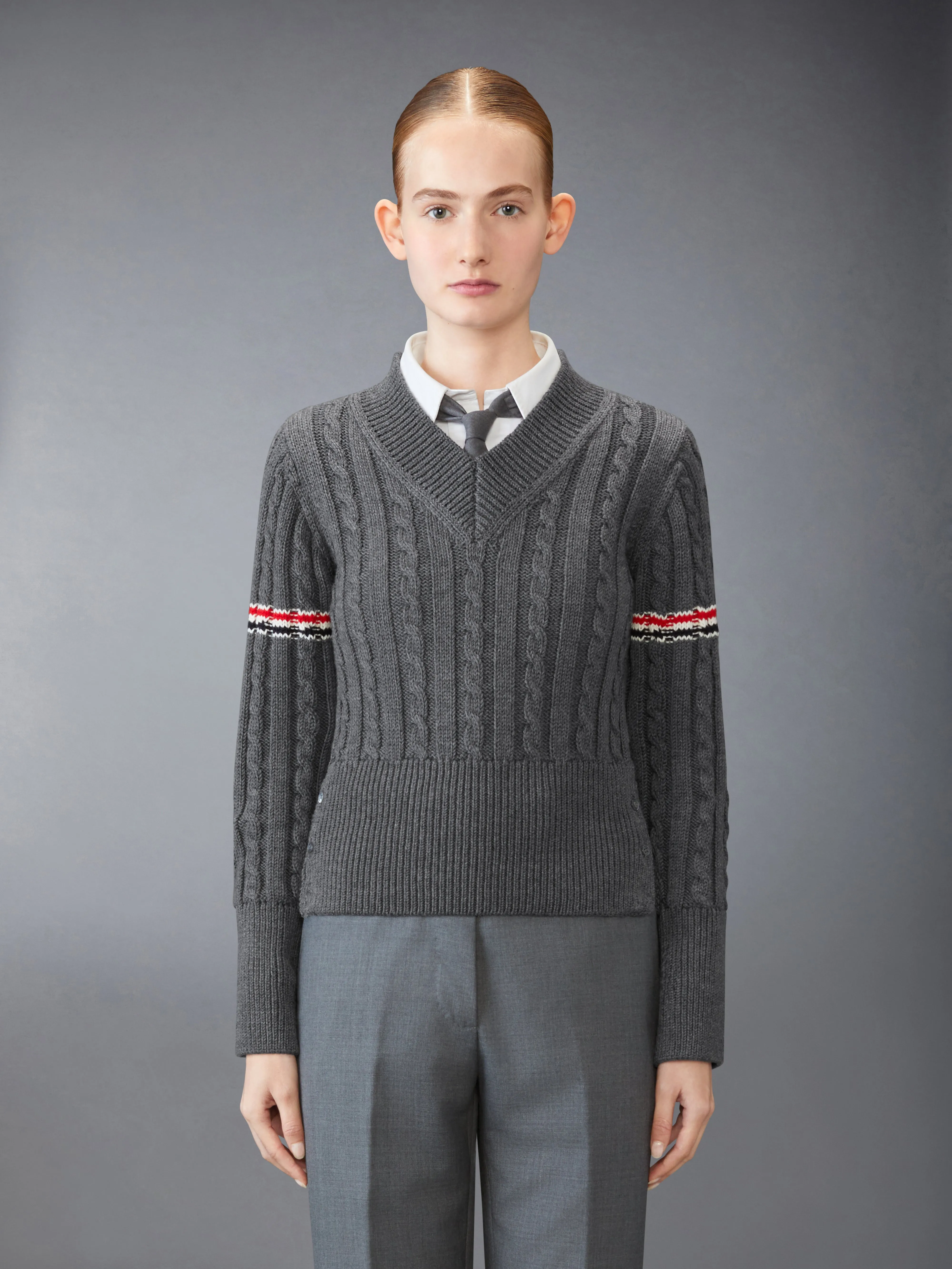 CLASSIC WOOL V NECK CABLE PULLOVER sold by Thom Browne