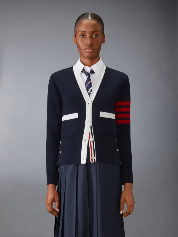 CLASSIC MILANO WOOL 4-BAR V NECK CARDIGAN sold by Thom Browne