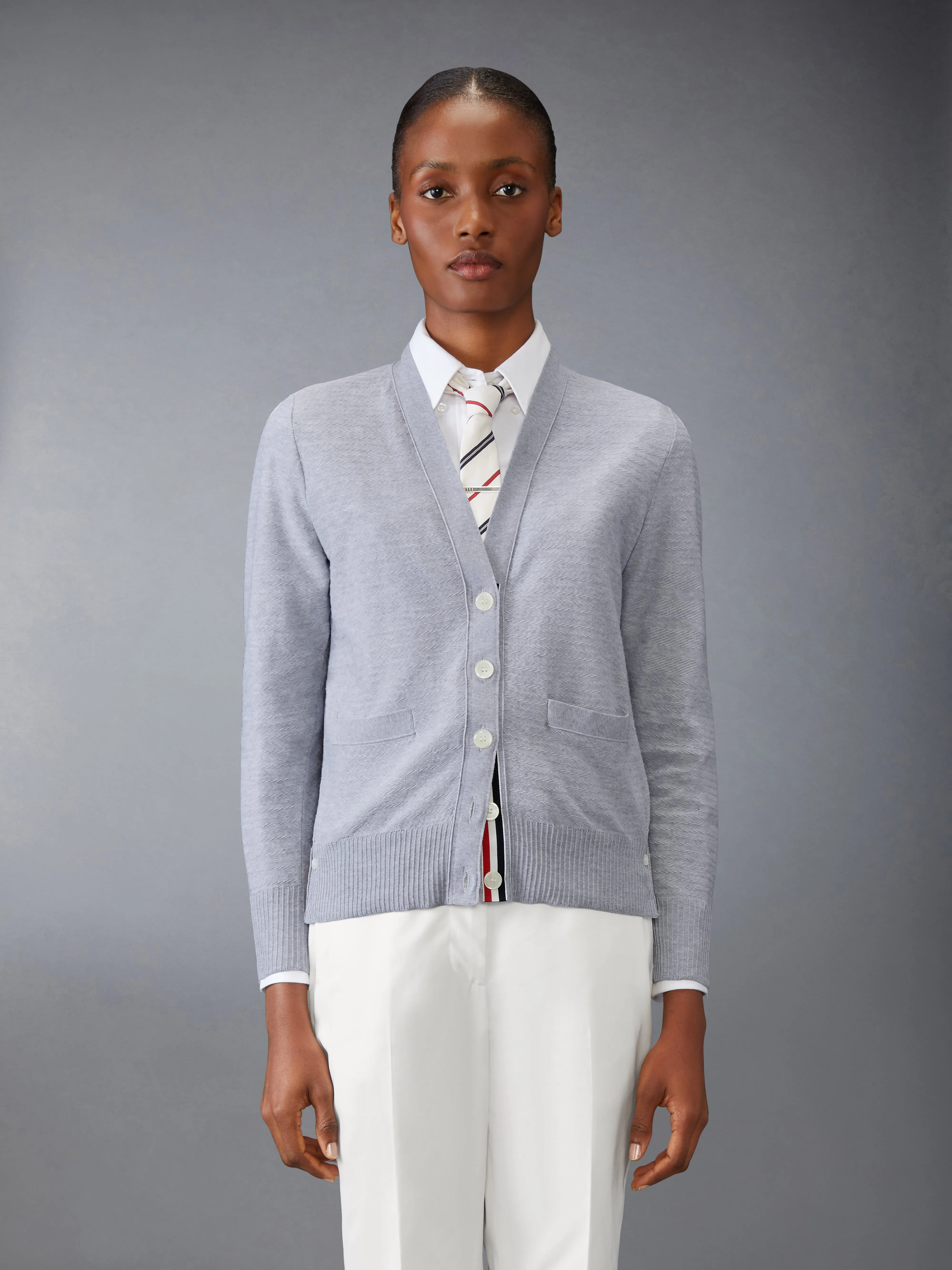COTTON V NECK CARDIGAN sold by Thom Browne