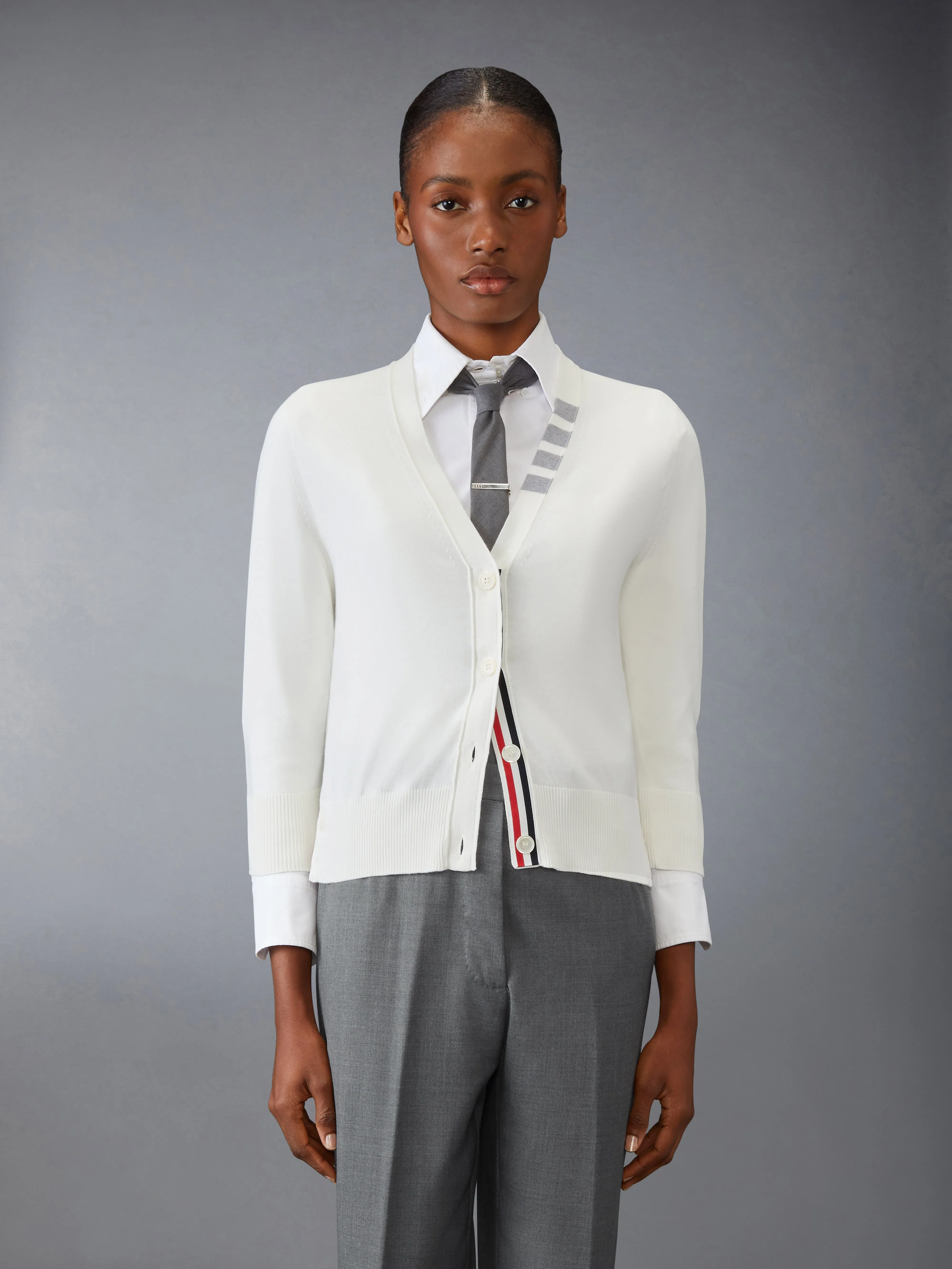 COTTON 4-BAR V NECK CARDIGAN sold by Thom Browne