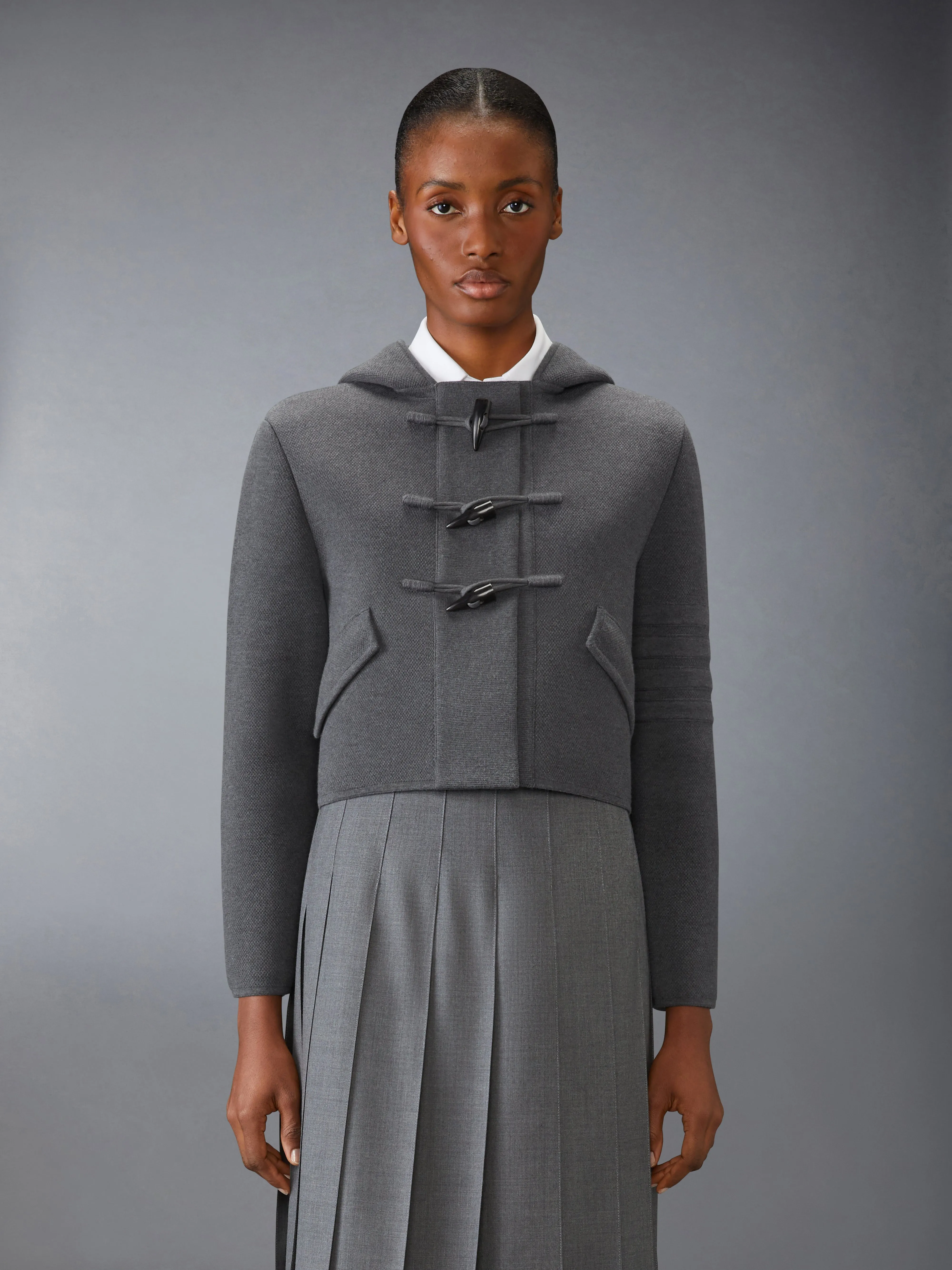 COTTON WOOL 4-BAR CROPPED DUFFLE JACKET sold by Thom Browne