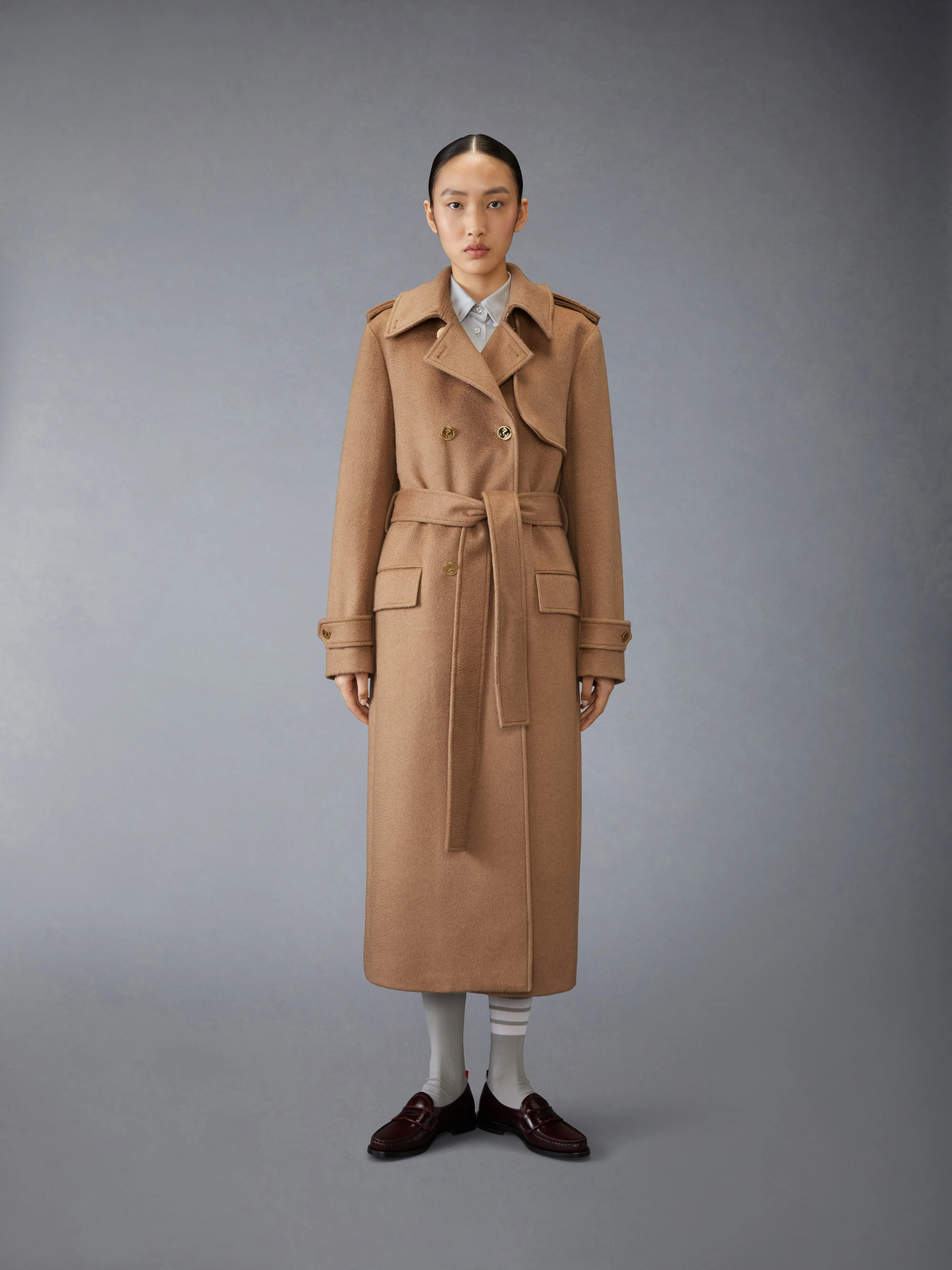 CAMEL HAIR ELONGATED TRENCH COAT sold by Thom Browne