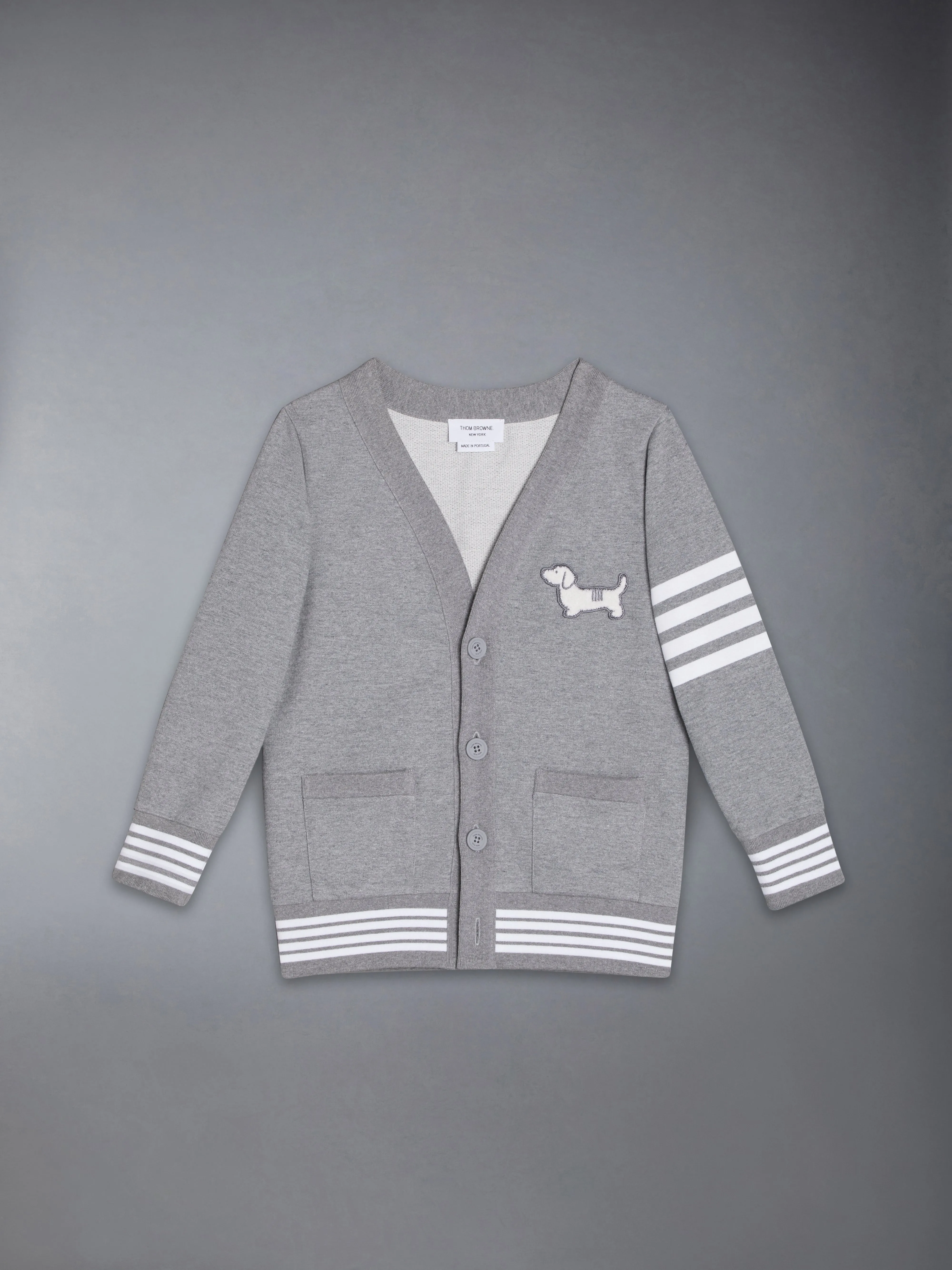 LOOPBACK COTTON 4-BAR HECTOR V NECK CARDIGAN sold by Thom Browne