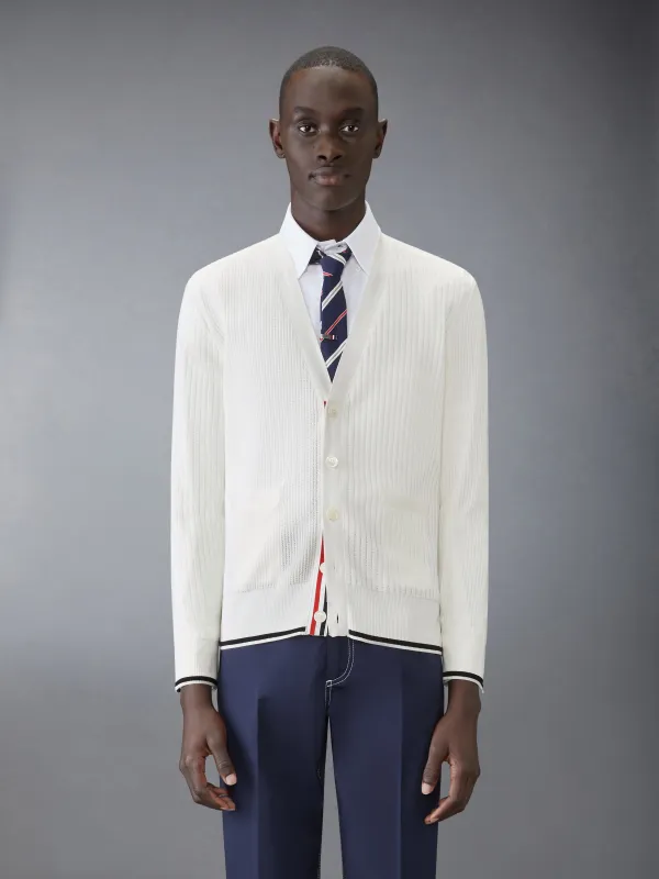 HALF & HALF 4-BAR RELAXED FIT V NECK CARDIGAN sold by Thom Browne