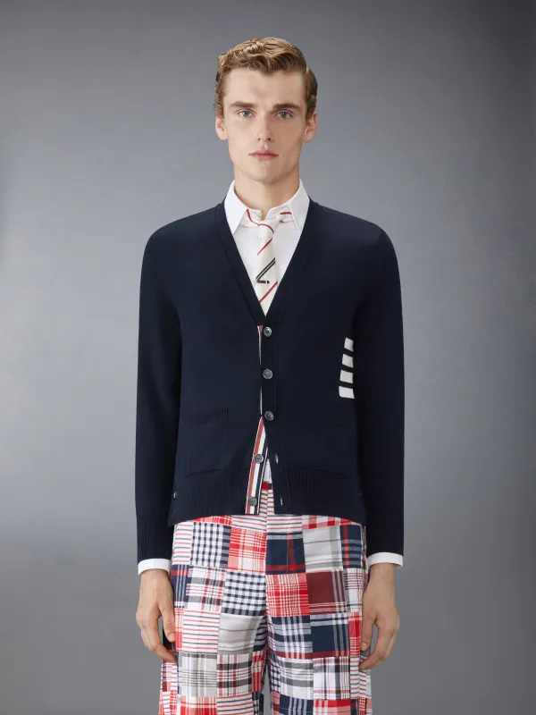 COTTON 4-BAR RELAXED FIT V NECK CARDIGAN sold by Thom Browne