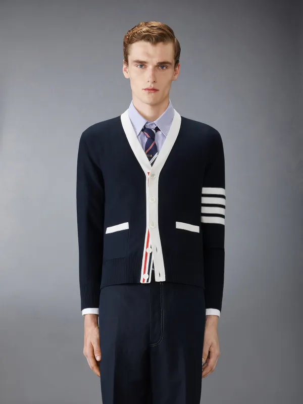 COTTON 4-BAR RELAXED FIT HECTOR V NECK CARDIGAN sold by Thom Browne