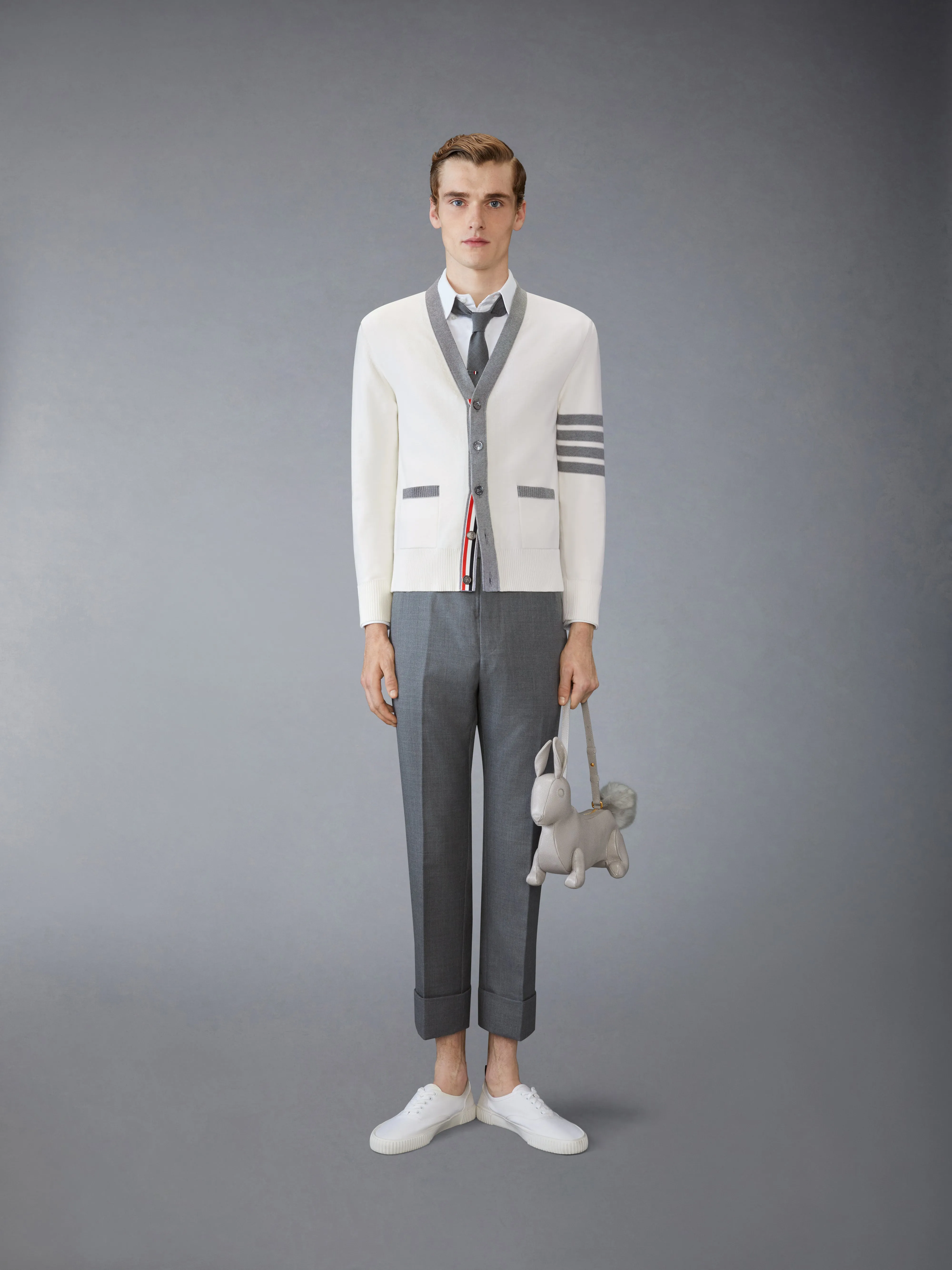 COTTON 4-BAR RELAXED FIT HECTOR V NECK CARDIGAN sold by Thom Browne product image thumbnail 3