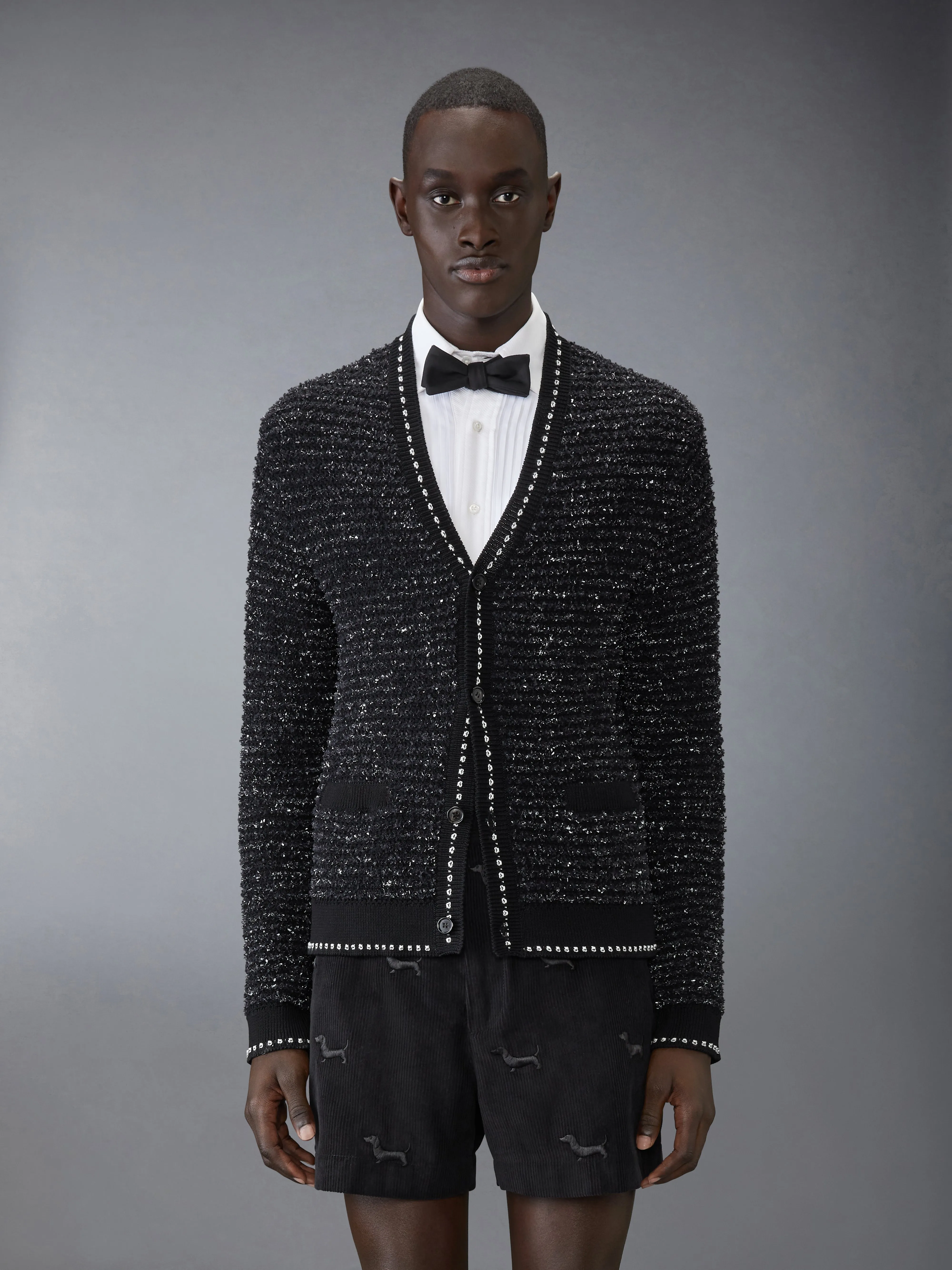 EYELASH TWEED JACQUARD V NECK CARDIGAN sold by Thom Browne