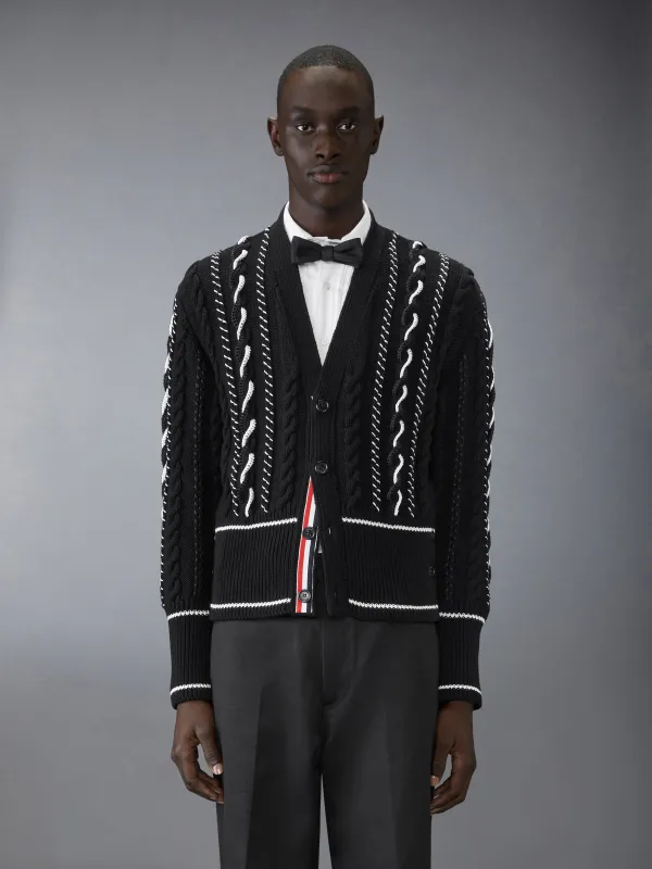 CLASSIC HAND CROCHET CABLE V NECK CARDIGAN sold by Thom Browne