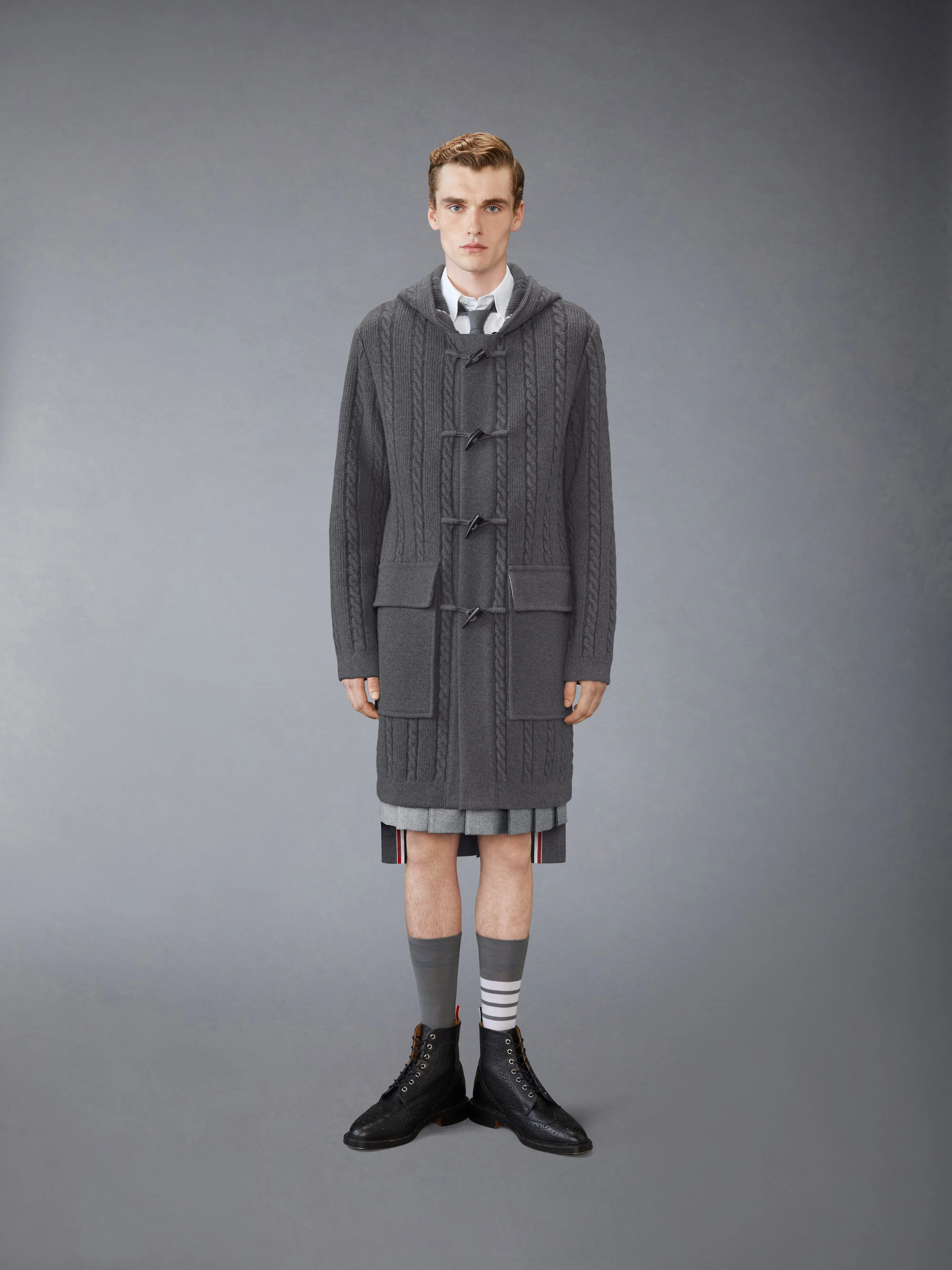 MERINO WOOL CABLE DUFFLE COAT sold by Thom Browne