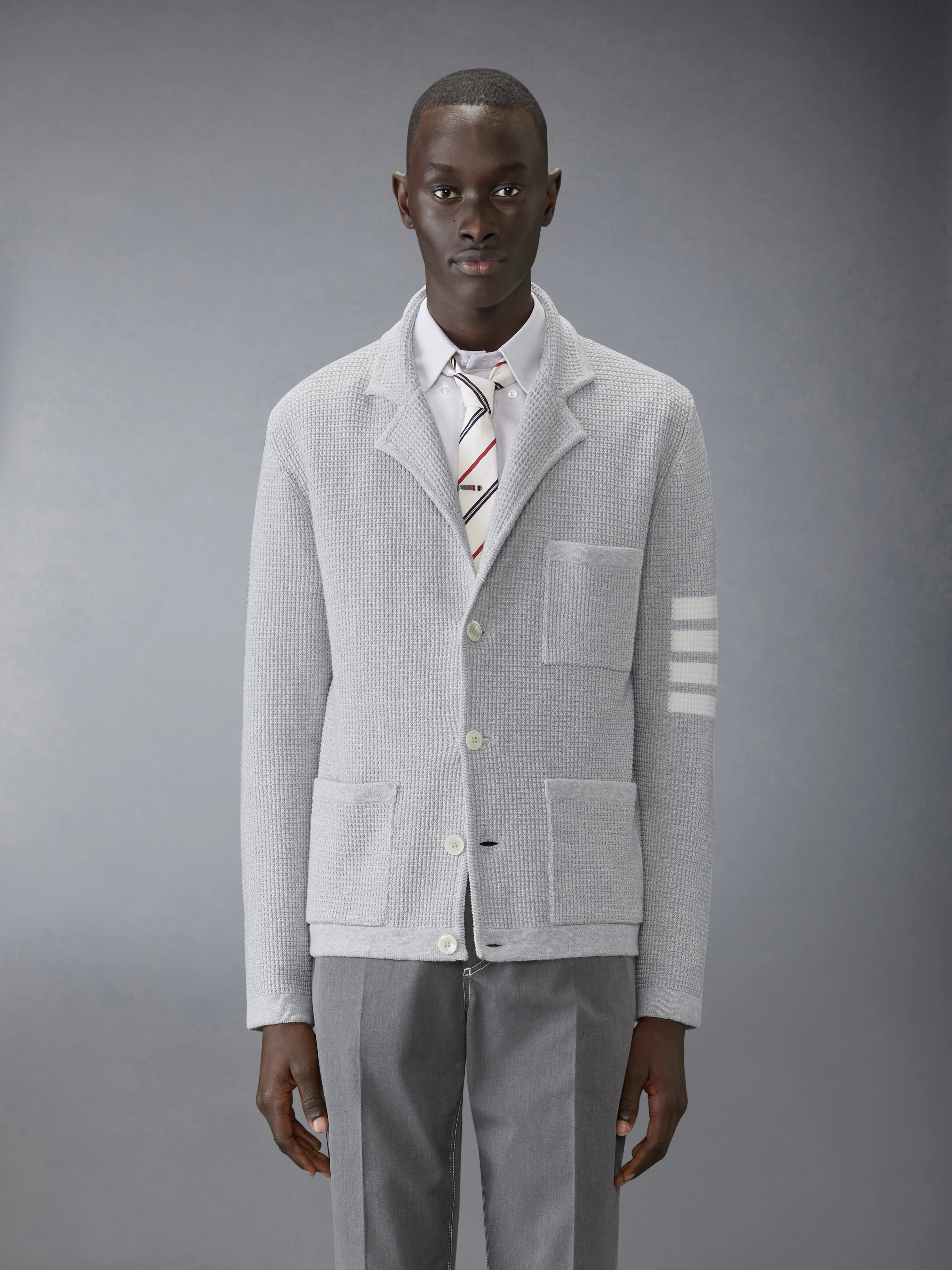 LINEN COTTON 4-BAR CARIDGAN JACKET sold by Thom Browne
